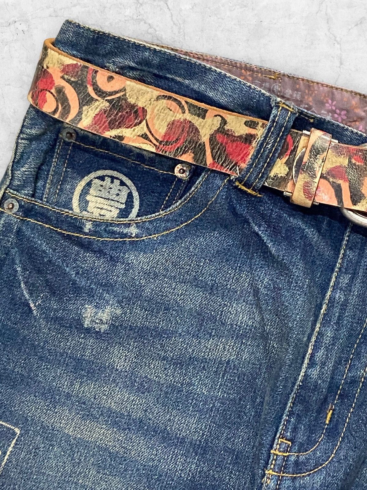 Ed Hardy × Japanese Brand Shibuya Ct Japan Poem Printed Denim Pants With Leather Belt Size US 34 / EU 50 - 7 Thumbnail