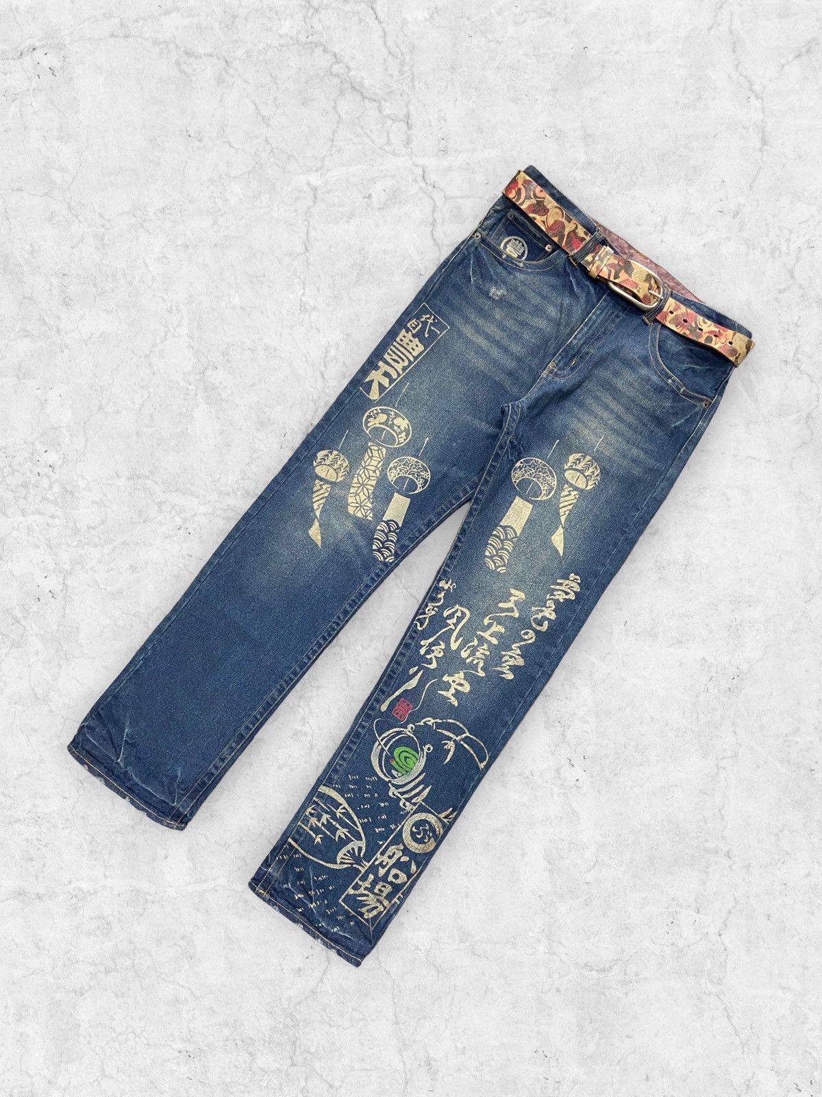 Ed Hardy × Japanese Brand Shibuya Ct Japan Poem Printed Denim Pants With Leather Belt Size US 34 / EU 50 - 4 Thumbnail
