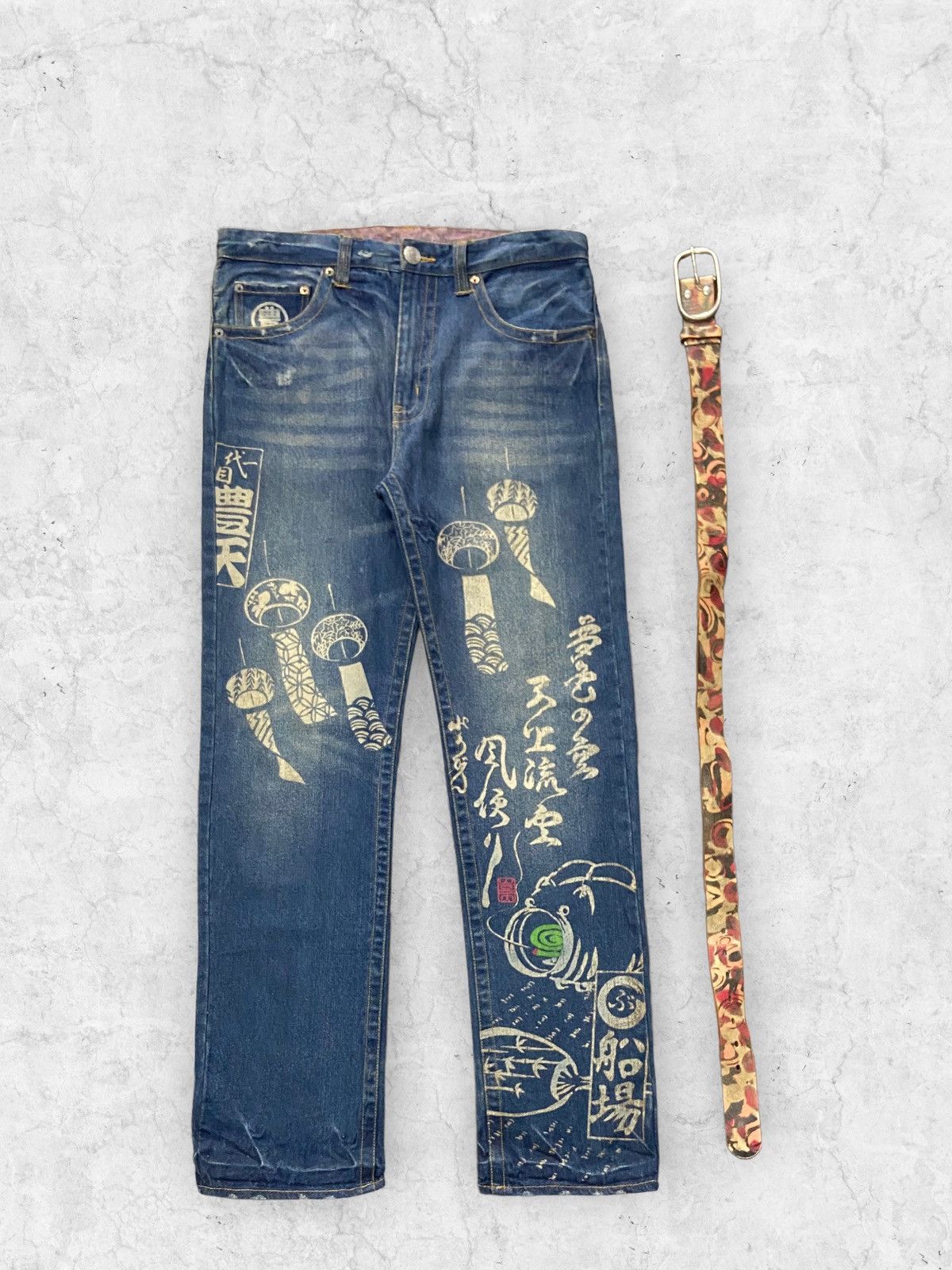 Ed Hardy × Japanese Brand Shibuya Ct Japan Poem Printed Denim Pants With Leather Belt Size US 34 / EU 50 - 3 Thumbnail
