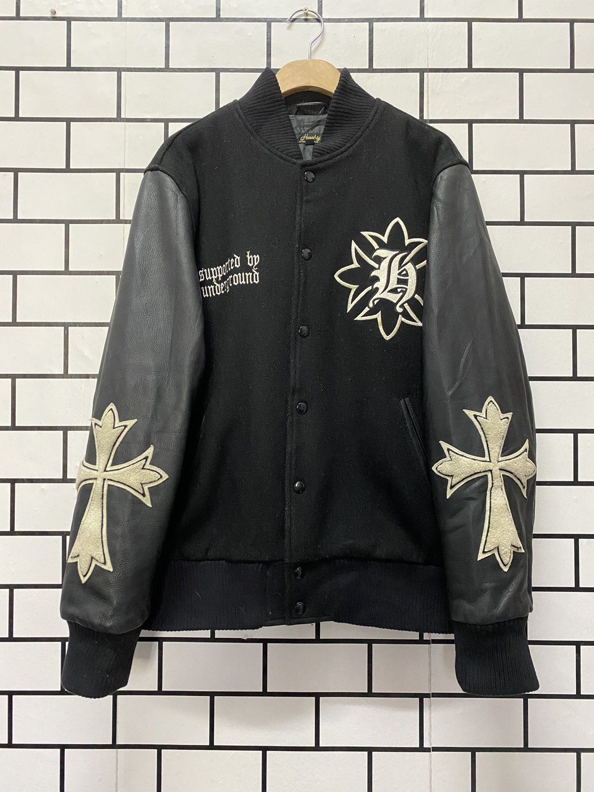 Japanese Brand Vintage Haughty Japan Cross Skull Leather Varsity Jacket Size US L / EU 52-54 / 3 - 2 Thumbnail