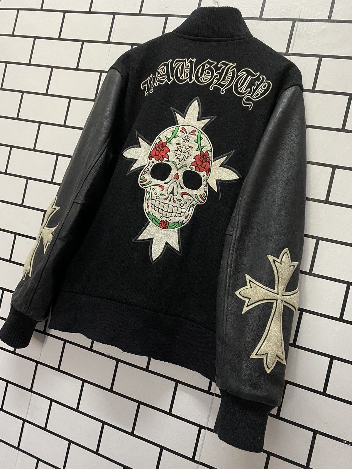 Japanese Brand Vintage Haughty Japan Cross Skull Leather Varsity Jacket Size US L / EU 52-54 / 3 - 3 Thumbnail