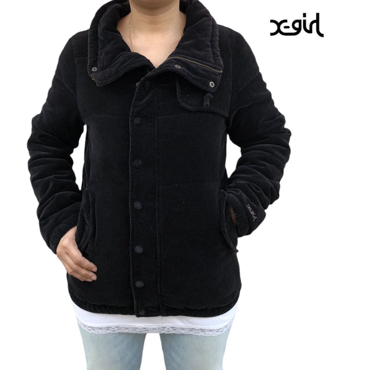Japanese Brand X-Girl Women Black Velvet Puffer Jacket Size S / US 4 / IT 40 - 1 Thumbnail