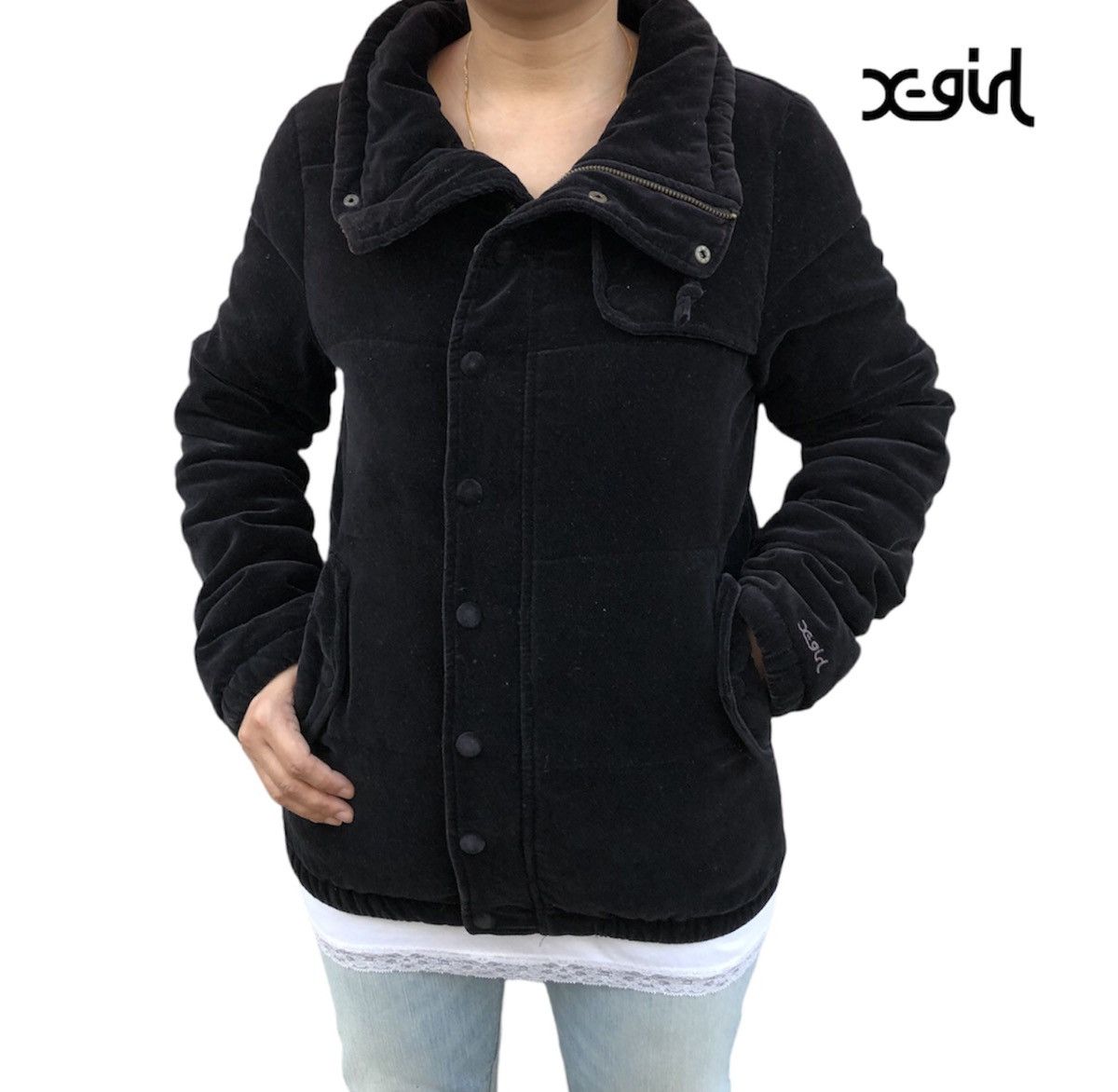 Japanese Brand X-Girl Women Black Velvet Puffer Jacket Size S / US 4 / IT 40 - 2 Thumbnail