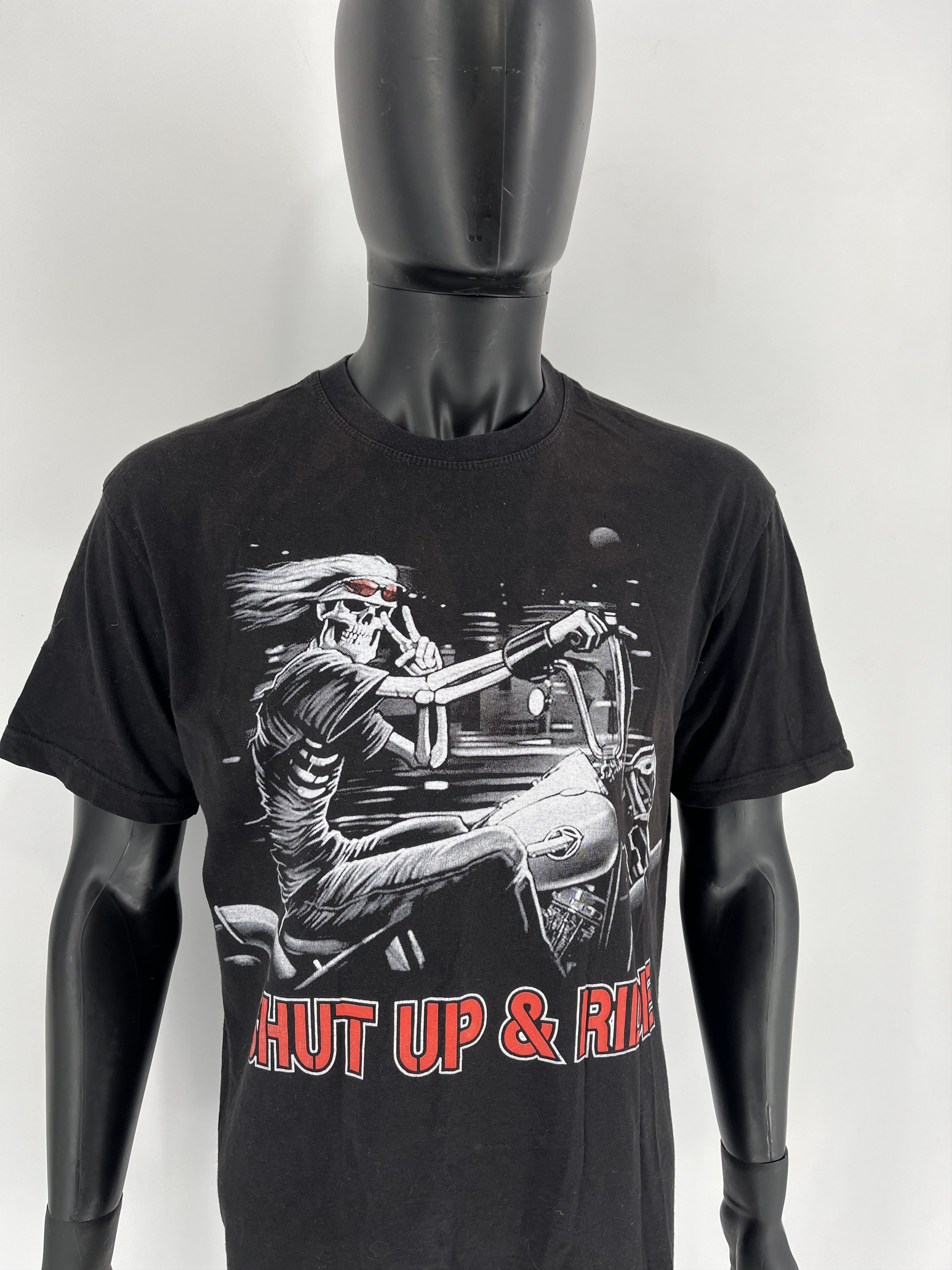 Harley Davidson Vintage 90s Skull on a Bike " SHUT UP RIDE " Horror Tee 90s Size US XL / EU 56 / 4 - 5 Thumbnail