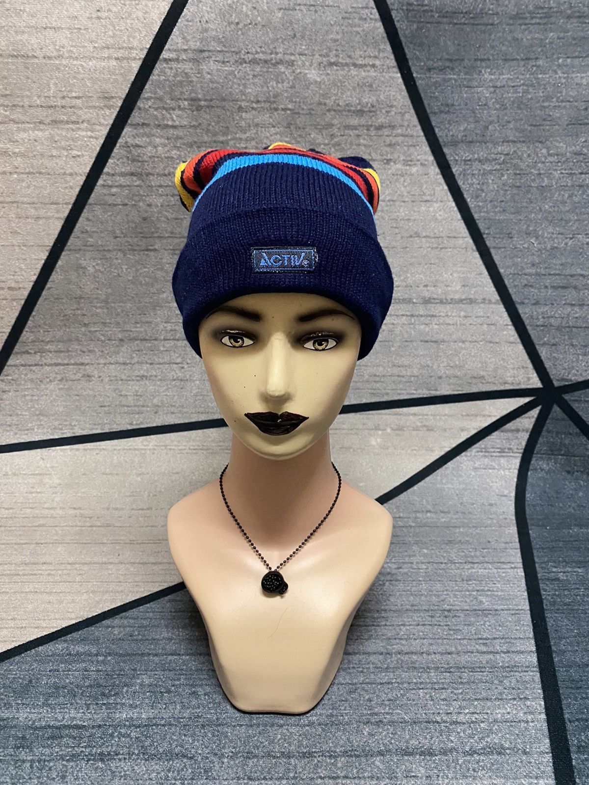 Japanese Brand Activ Patches Stripes Multicolour Beanie Hat Size ONE SIZE - 1 Thumbnail