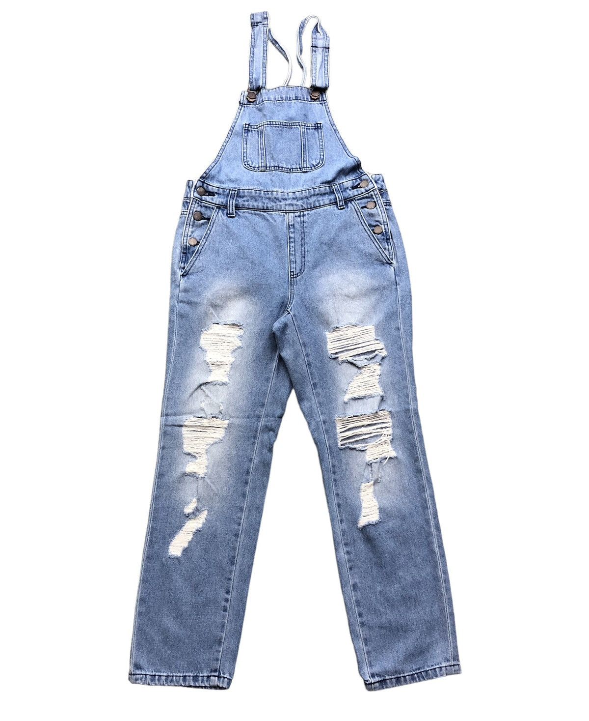 Gu Distressed Suspender Post Overall Faded Blue Jeans