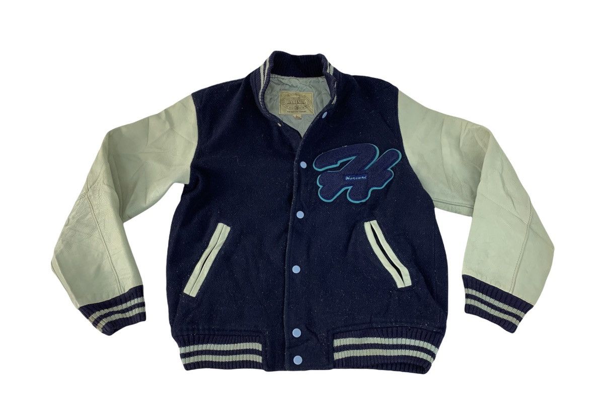 image of Harvard x Varsity Jacket 90's Varsity Jacket Havard Company Leather Sleeve Snap Button in Blueblack