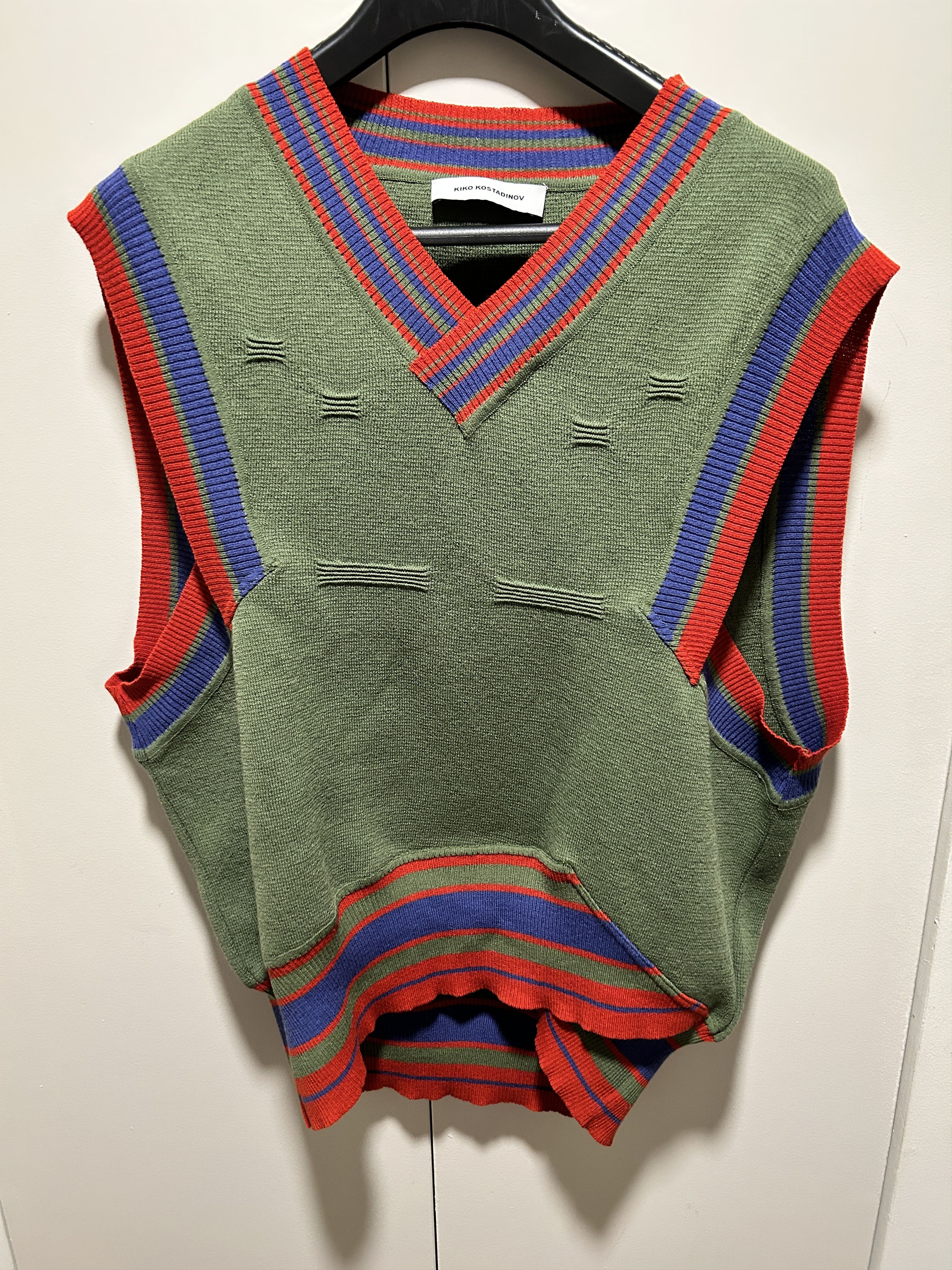 image of Kiko Kostadinov Dorset Stripe Wool Sweater Vest Asymmetrical in Green, Men's (Size Medium)