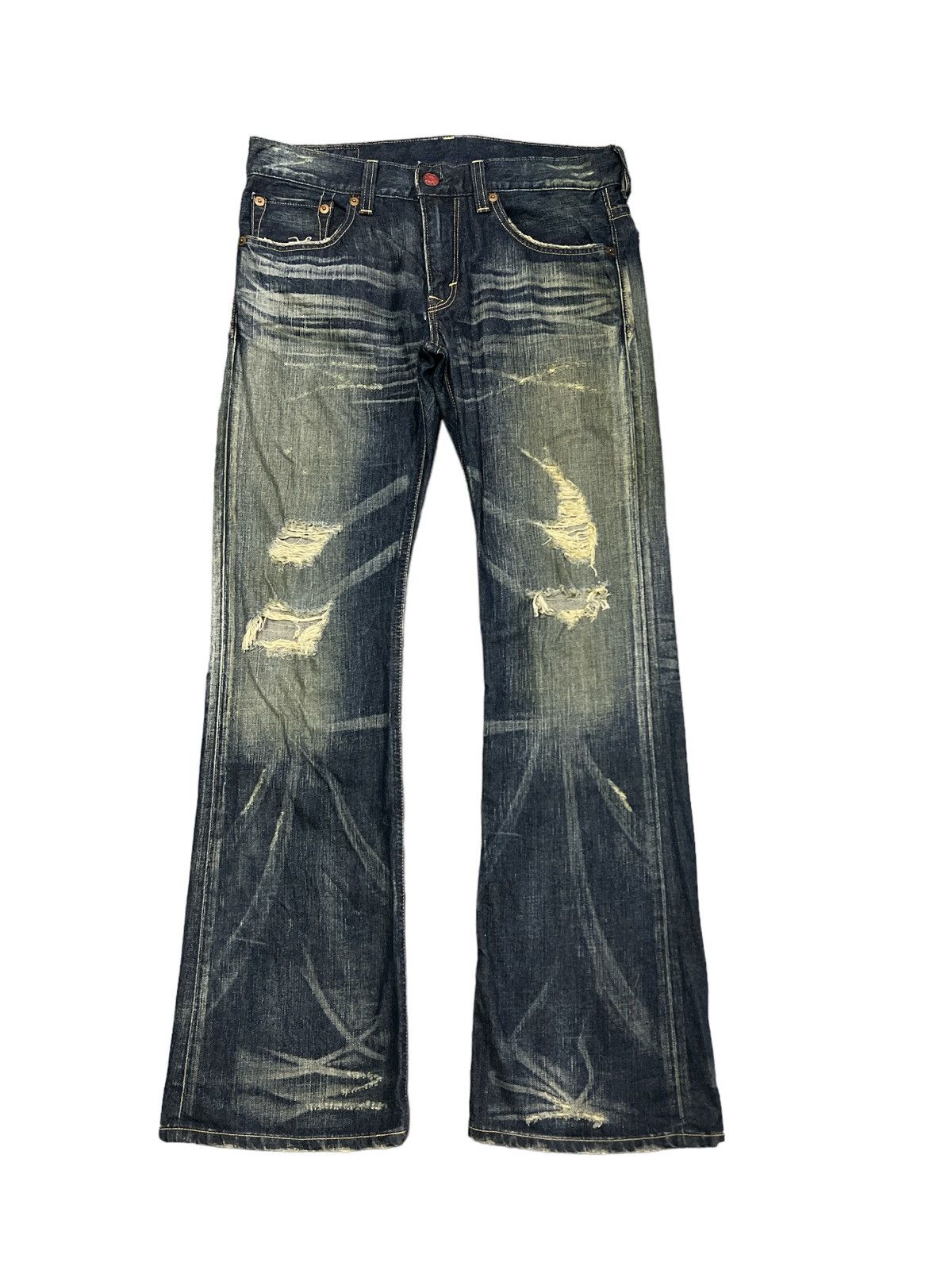 FLARED💥THRASHED EDWIN 503 BLUE TRIP DISTRESSED DENIM PANT