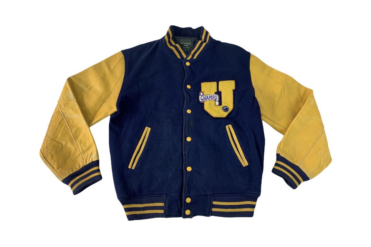 image of Leather Jacket x Varsity Jacket 90's University Shop U Champs Leather Sleeve Varsity Jacket in Navy