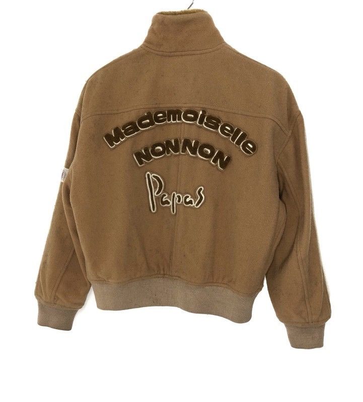 image of Issey Miyake x Mademoiselle Non Non Papas Mademoiselle Non Non Spellout Wool Varsity Jacket in Beig