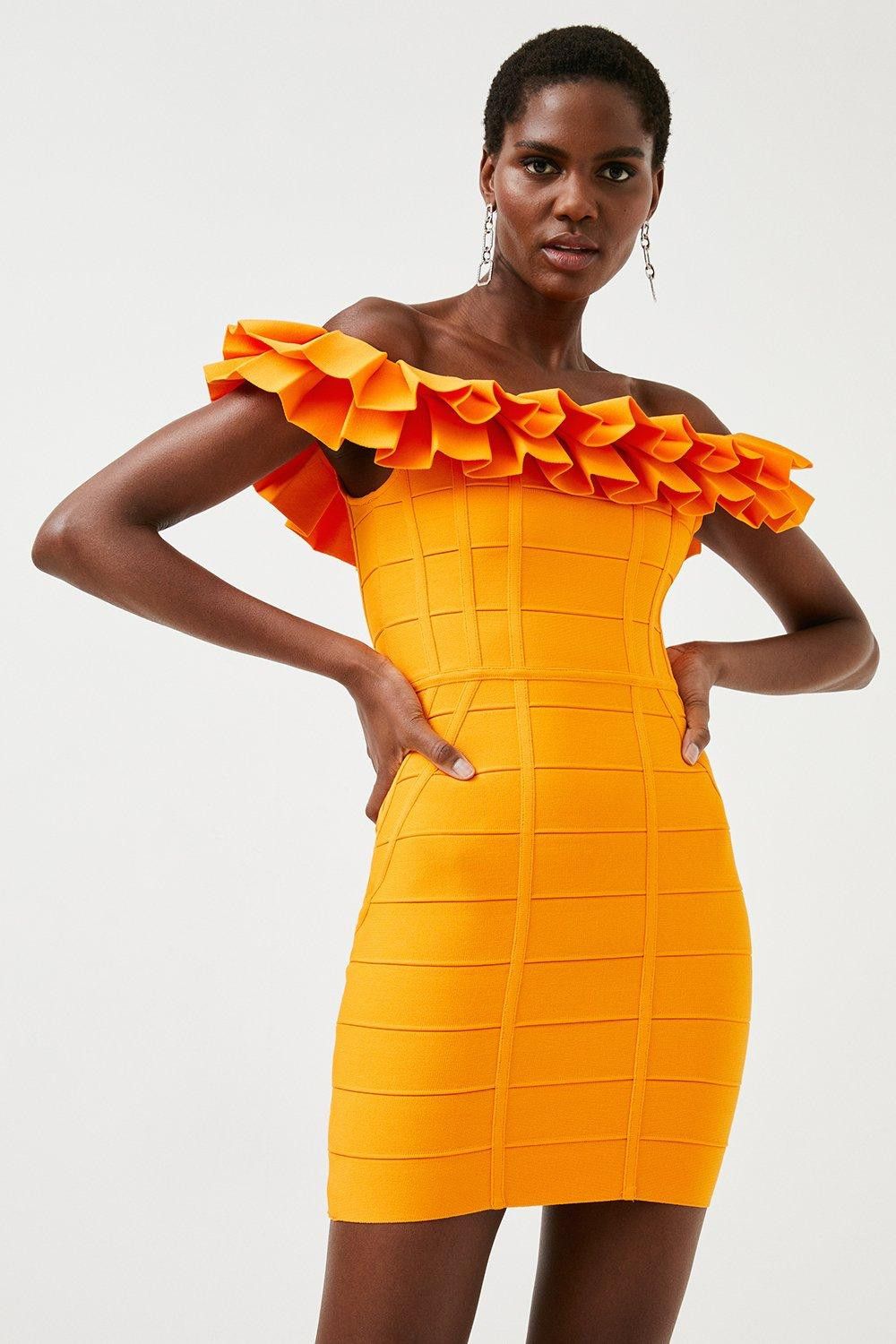 Karen Millen Drama Frill Bardot Bandage Knit Dress | Grailed
