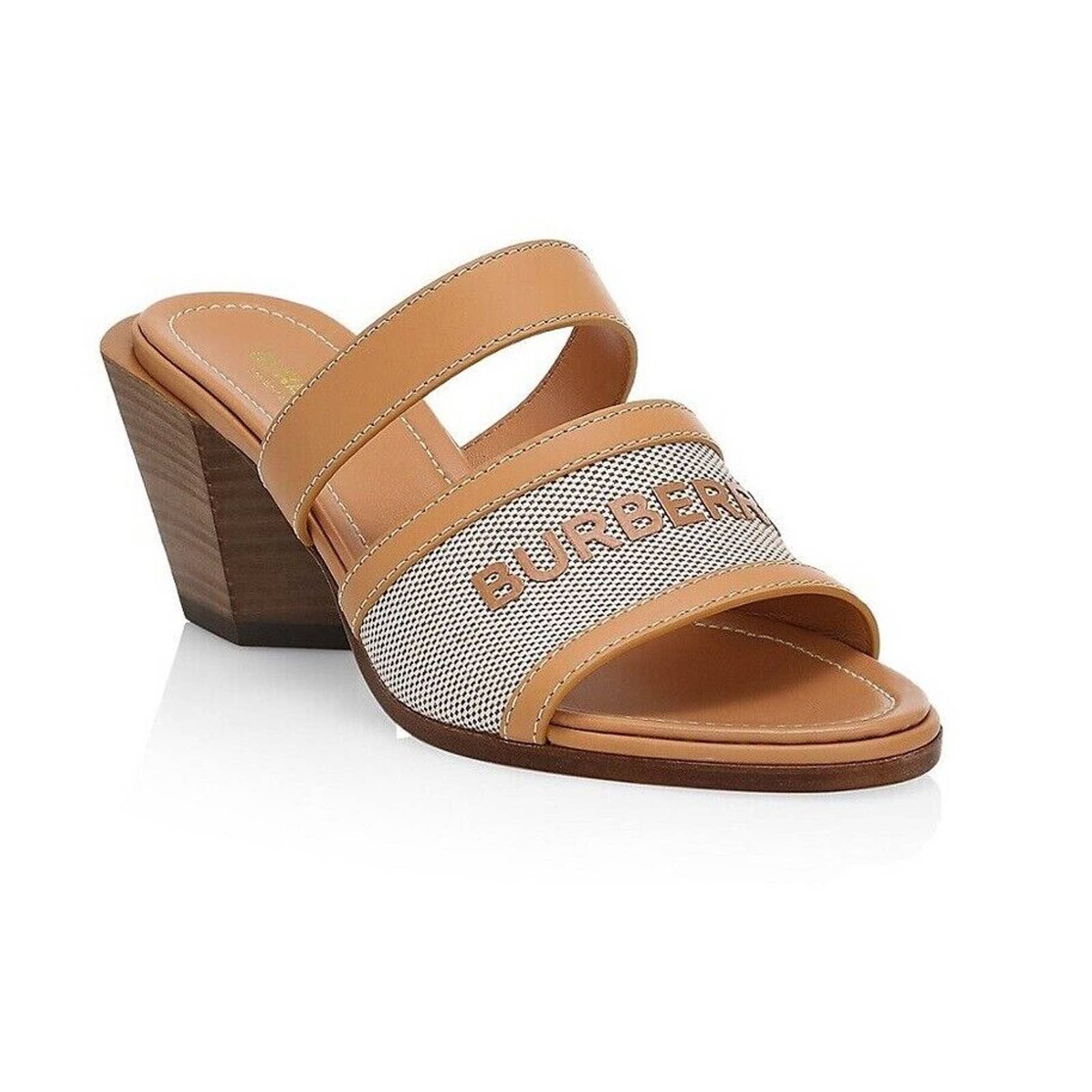 HONOUR BROWN SAND TAN LEATHER LOGO SLIDE SANDALS PUMPS 37