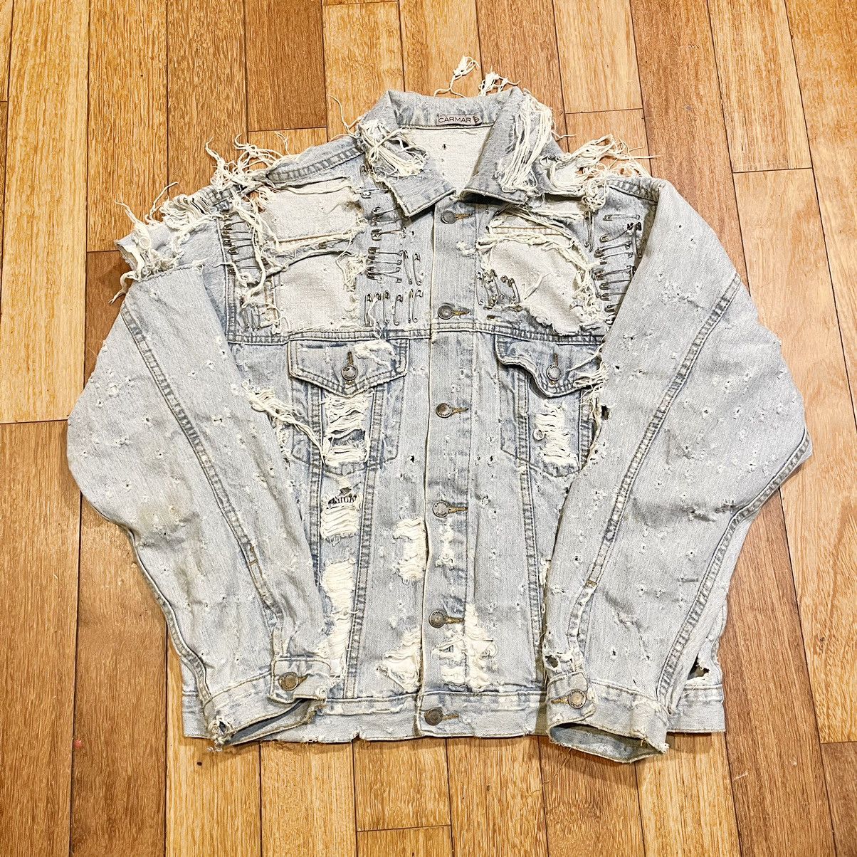 image of Avant Garde Sick Ultra Thrashed Safety Pin Punk Denim Jacket! in Blue, Men's (Size Large)