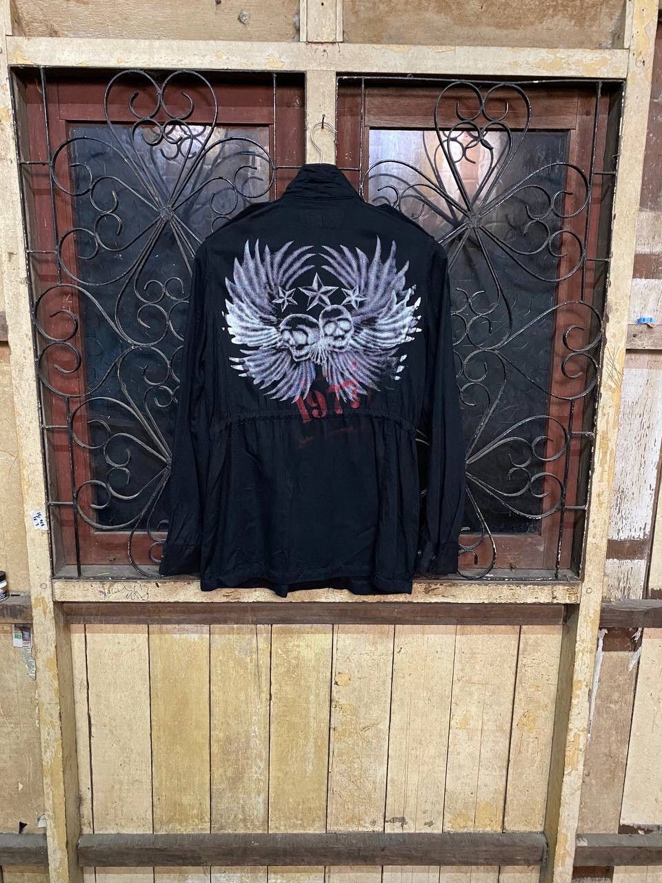 image of Vintage Peace Now Head Skull Wings Big Logo Spring Jacket in Black, Men's (Size Small)