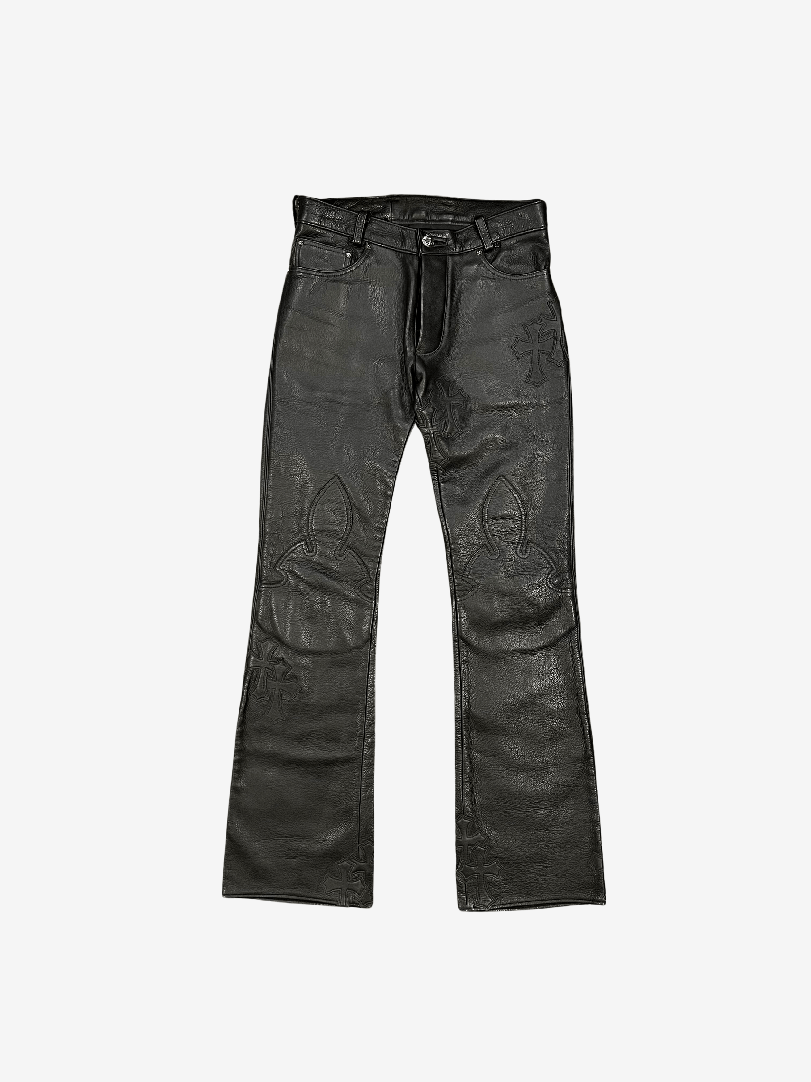 image of Chrome Hearts Black 18 Cross Patch Leather Fleur Pants, Men's (Size 30)