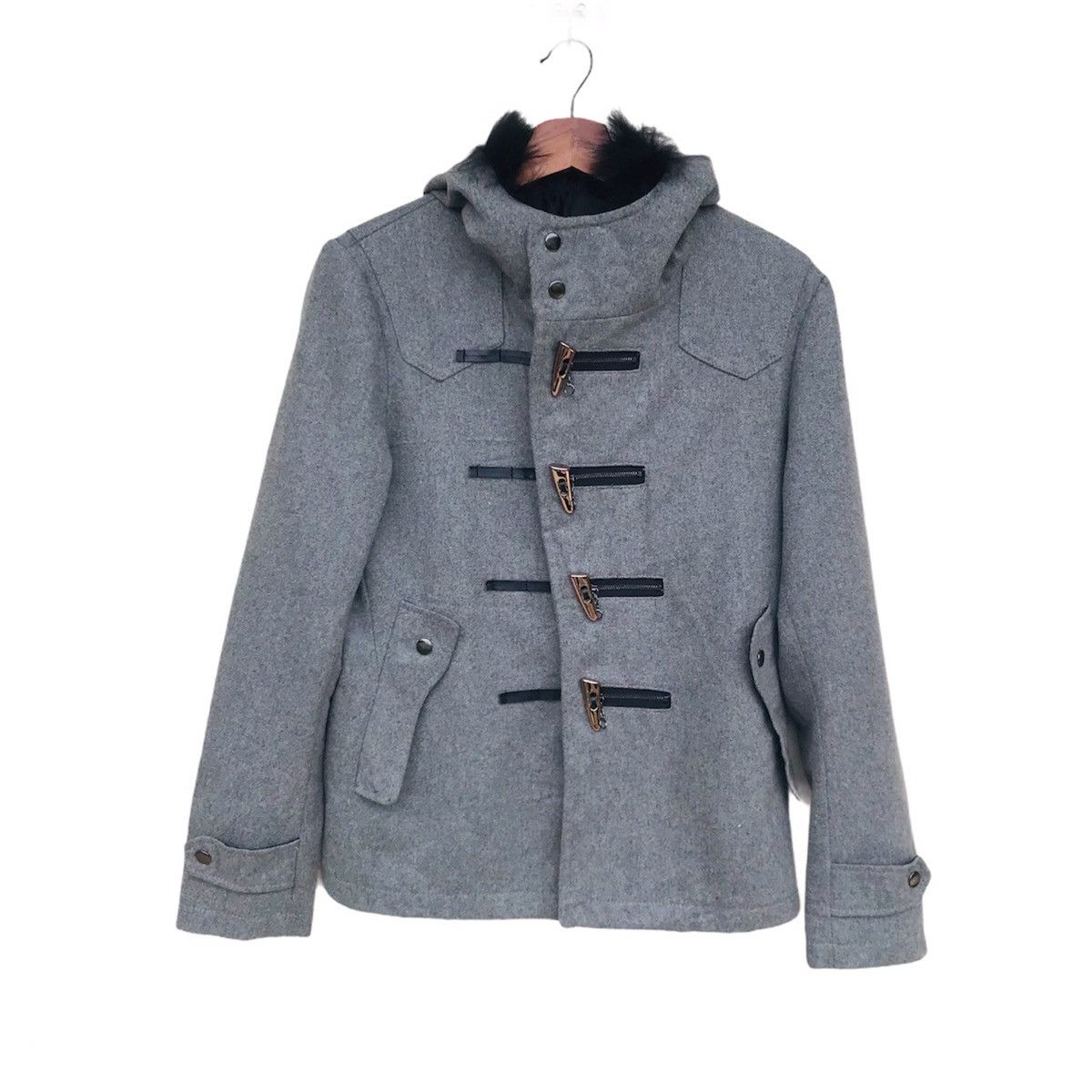 image of Mink Fur Coat Semantic Design Duffle Mid Coat Hoodie Toggle Zipper Wool in Grey, Men's (Size Medium