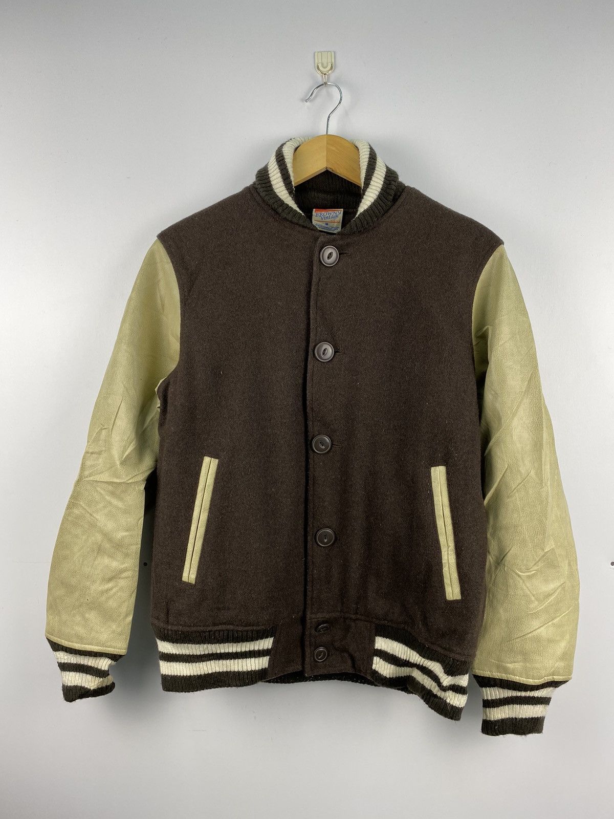 image of 90's Browny Varsity Jacket Leather Sleeve in Dark Brown, Men's (Size Medium)