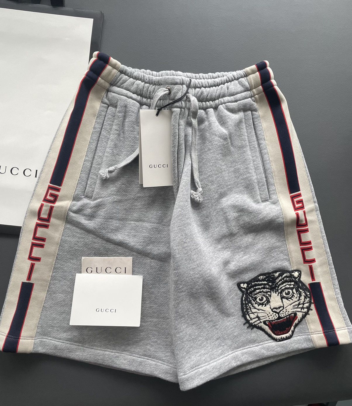 image of Gucci Limited Super Runway Tiger Logo Track Shorts in Grey, Men's (Size 30)