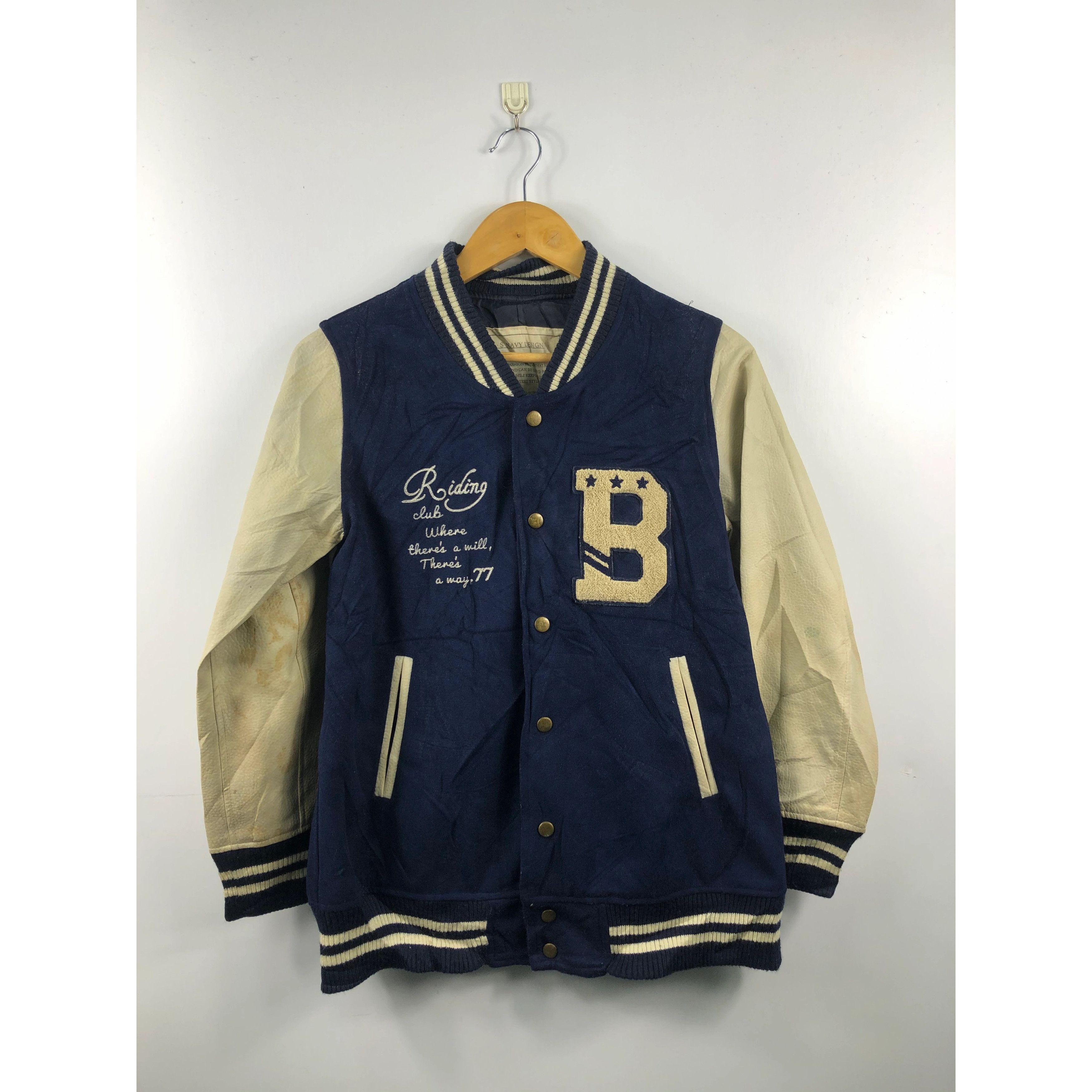 Vintage 90s Navy Design Varsity Jacket Leather Sleeve V0007