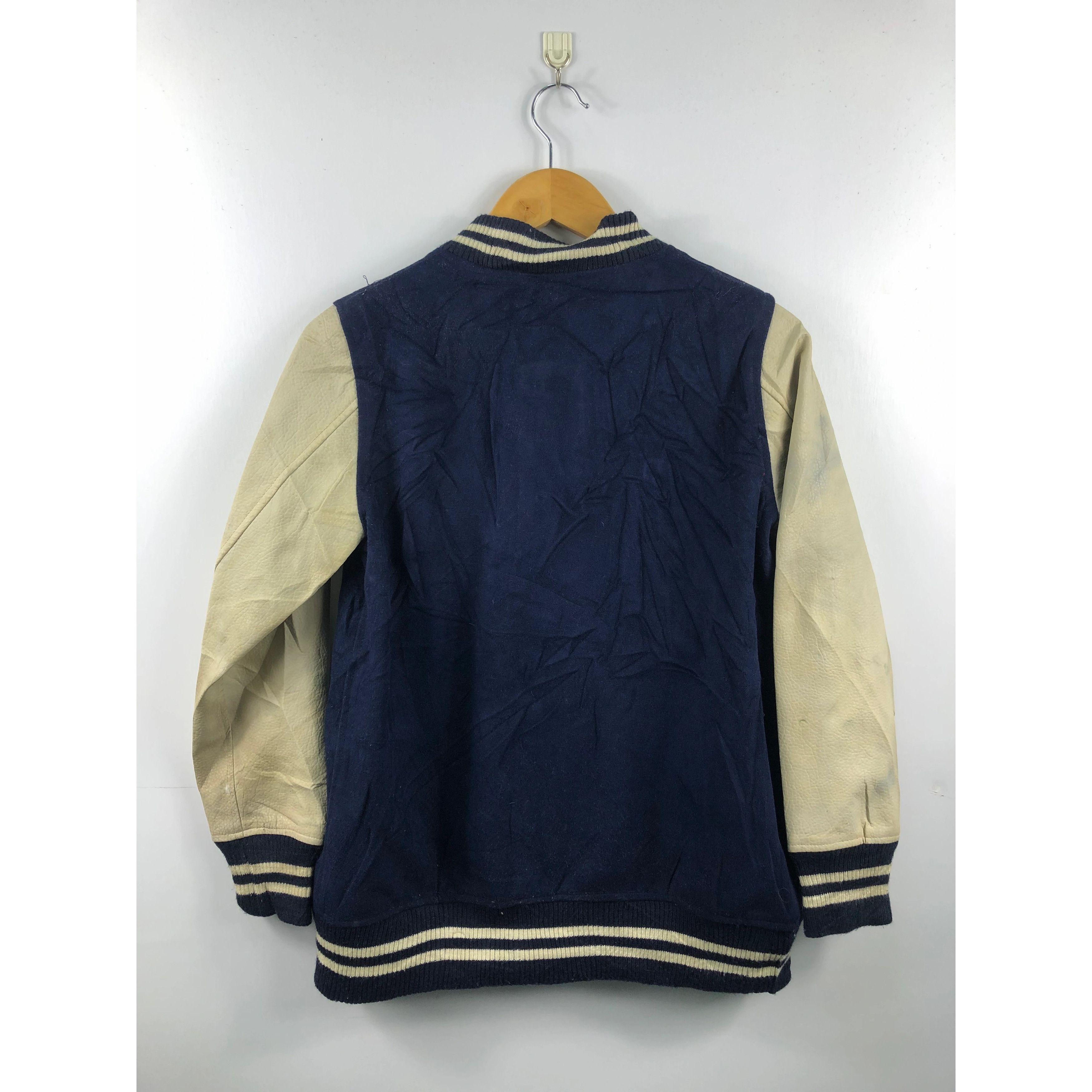 Vintage 90s Navy Design Varsity Jacket Leather Sleeve V0007