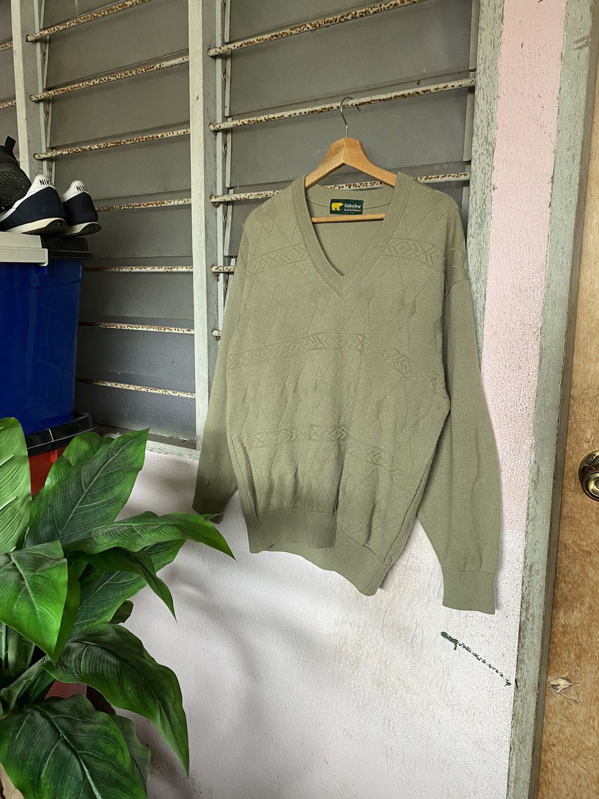 image of Coloured Cable Knit Sweater x Golden Bear By Jack Nicklous Sweater in Olive Green (Size Large)