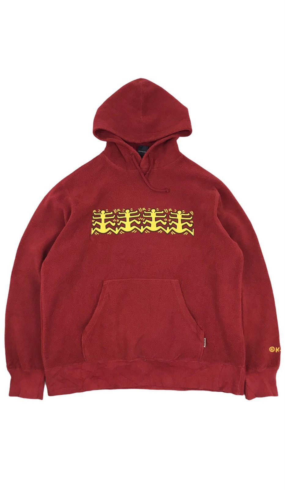 image of Vintage Keith Haring Fleece Hoodie Jumper Sweater in Red, Men's (Size Large)