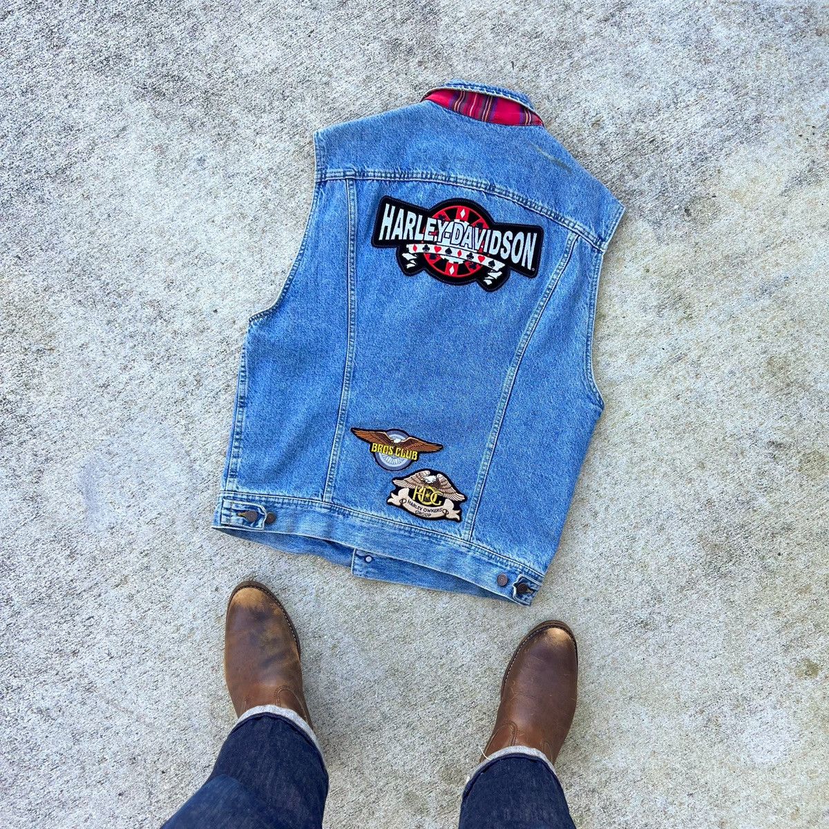 Harley Davidson × Lee × Vintage Vintage 90s Biker Denim Patch Harley Davidson Cut Off Plaid Size US M / EU 48-50 / 2 - 6 Thumbnail
