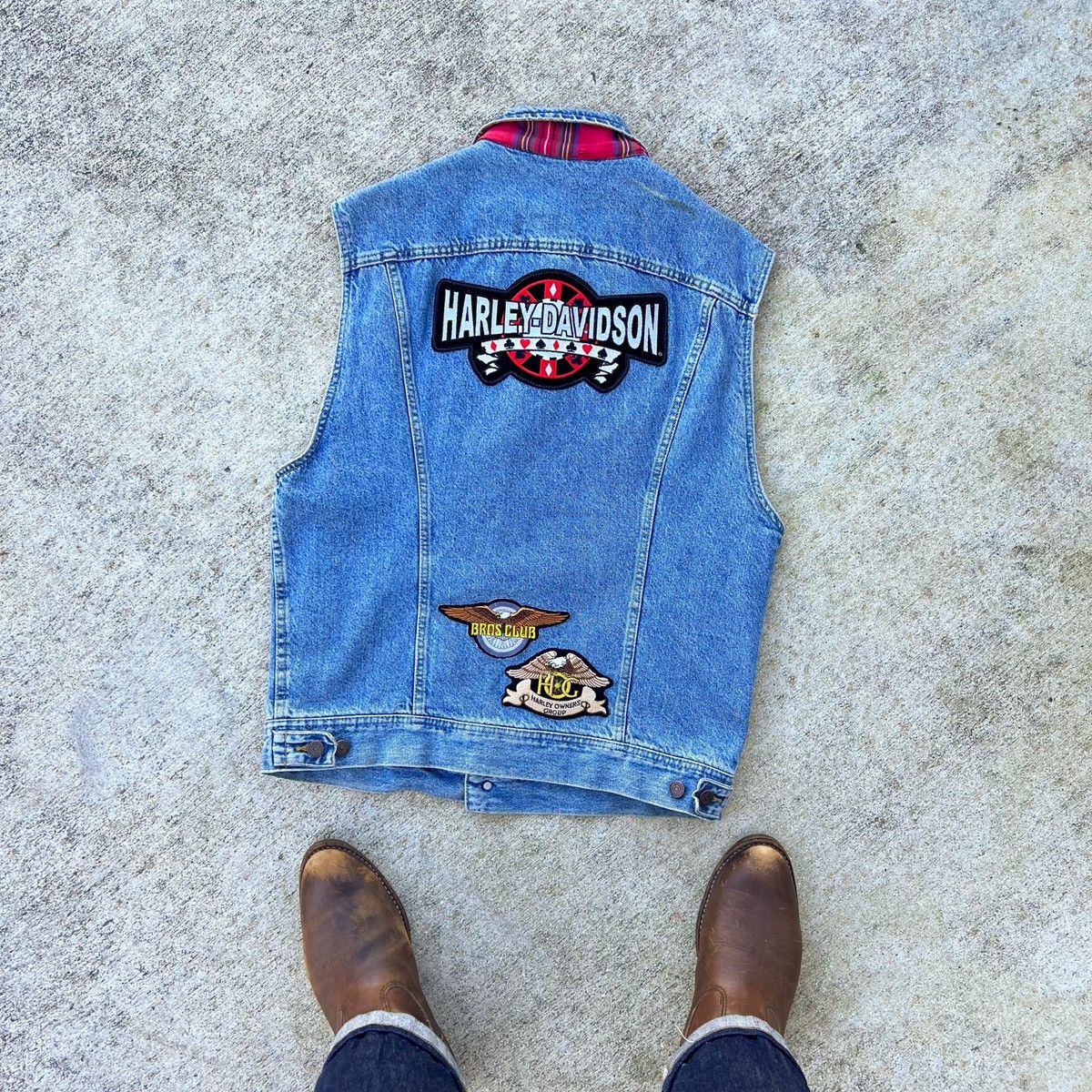 Harley Davidson × Lee × Vintage Vintage 90s Biker Denim Patch Harley Davidson Cut Off Plaid Size US M / EU 48-50 / 2 - 1 Thumbnail