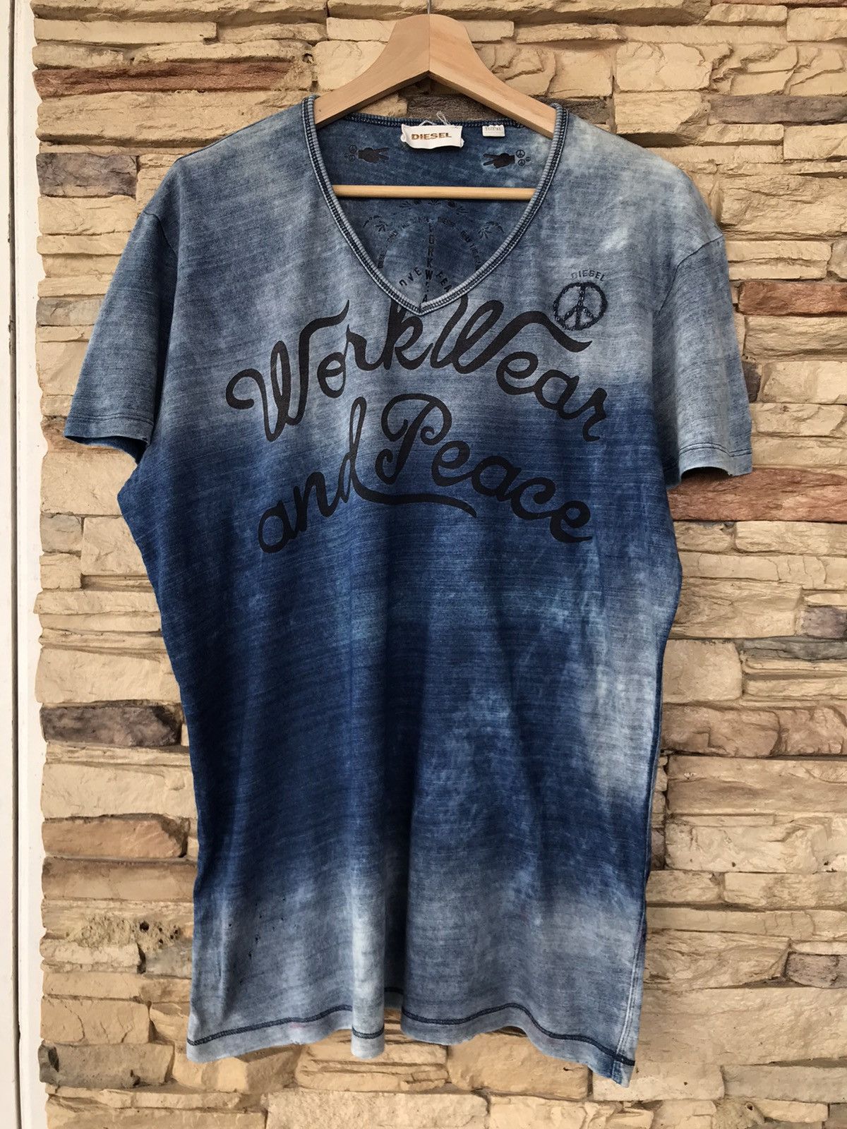 Diesel Distressed Diesel WorkWear and Peace V Neck Tee Size US XL / EU 56 / 4 - 1 Thumbnail