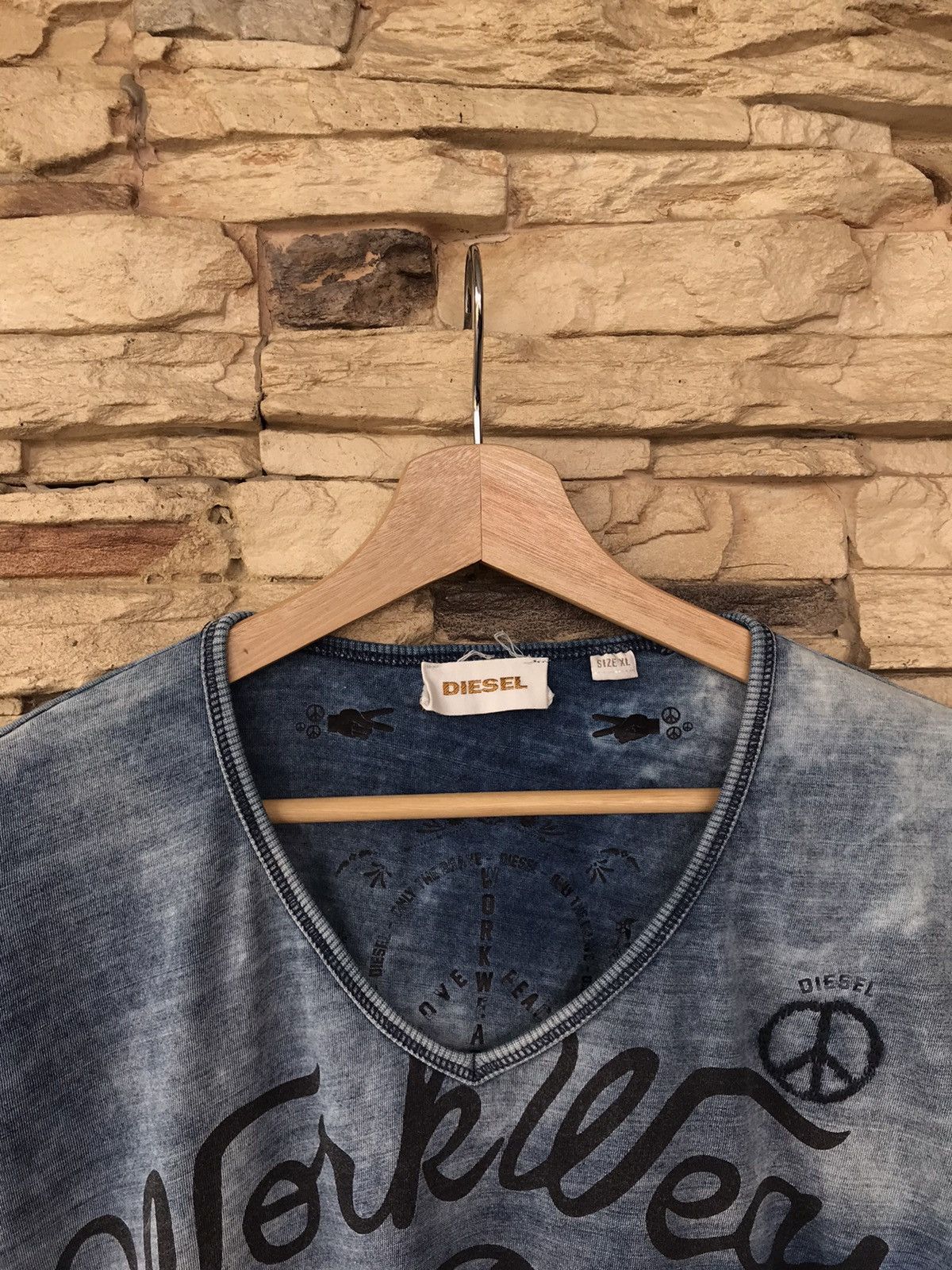 Diesel Distressed Diesel WorkWear and Peace V Neck Tee Size US XL / EU 56 / 4 - 4 Thumbnail