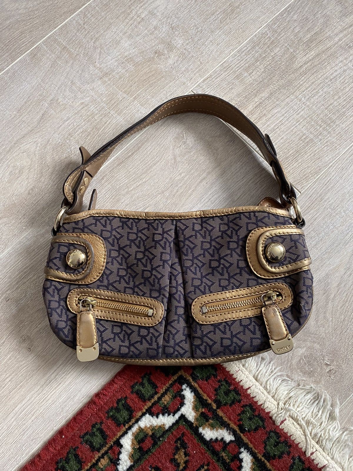 Y2K Vintage Dkny Shoulder Handle Bag Monogram Logo in Gold, Women's