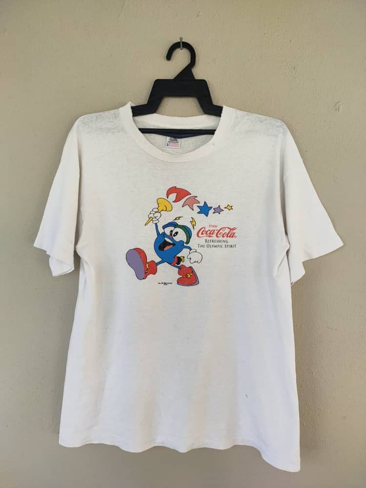 image of Thrashed Vintage Coca Cola X Olympic T in White, Men's (Size Large)