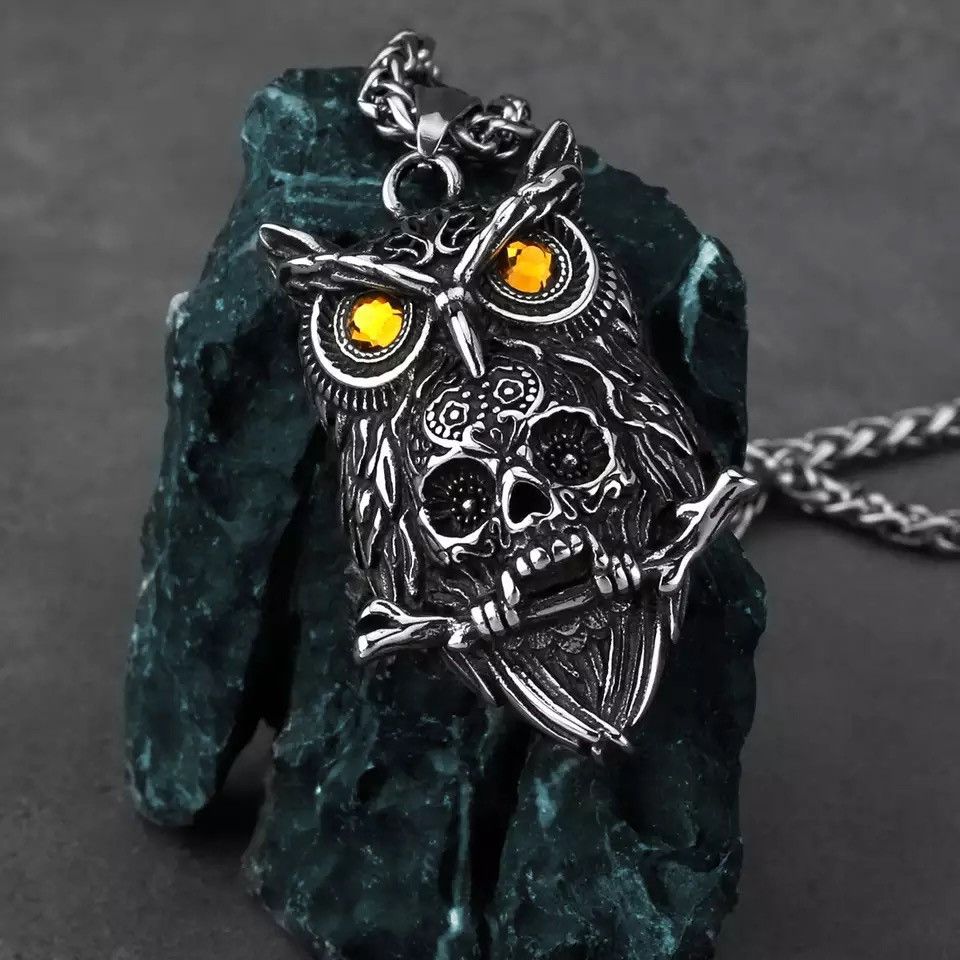 Jewelry Gothic Owl Skull Viking Pendant Necklace Size ONE SIZE - 2 Thumbnail