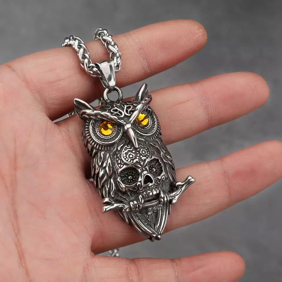 Jewelry Gothic Owl Skull Viking Pendant Necklace Size ONE SIZE - 3 Thumbnail