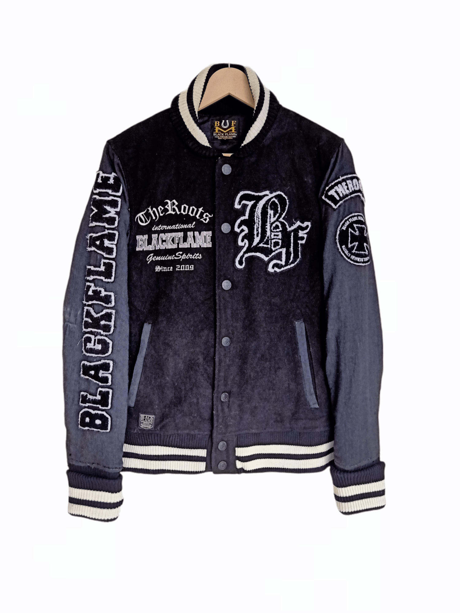 Roots × Vintage Black Flame Embroidery Varsity Jacket Size US S / EU 44-46 / 1 - 2 Thumbnail