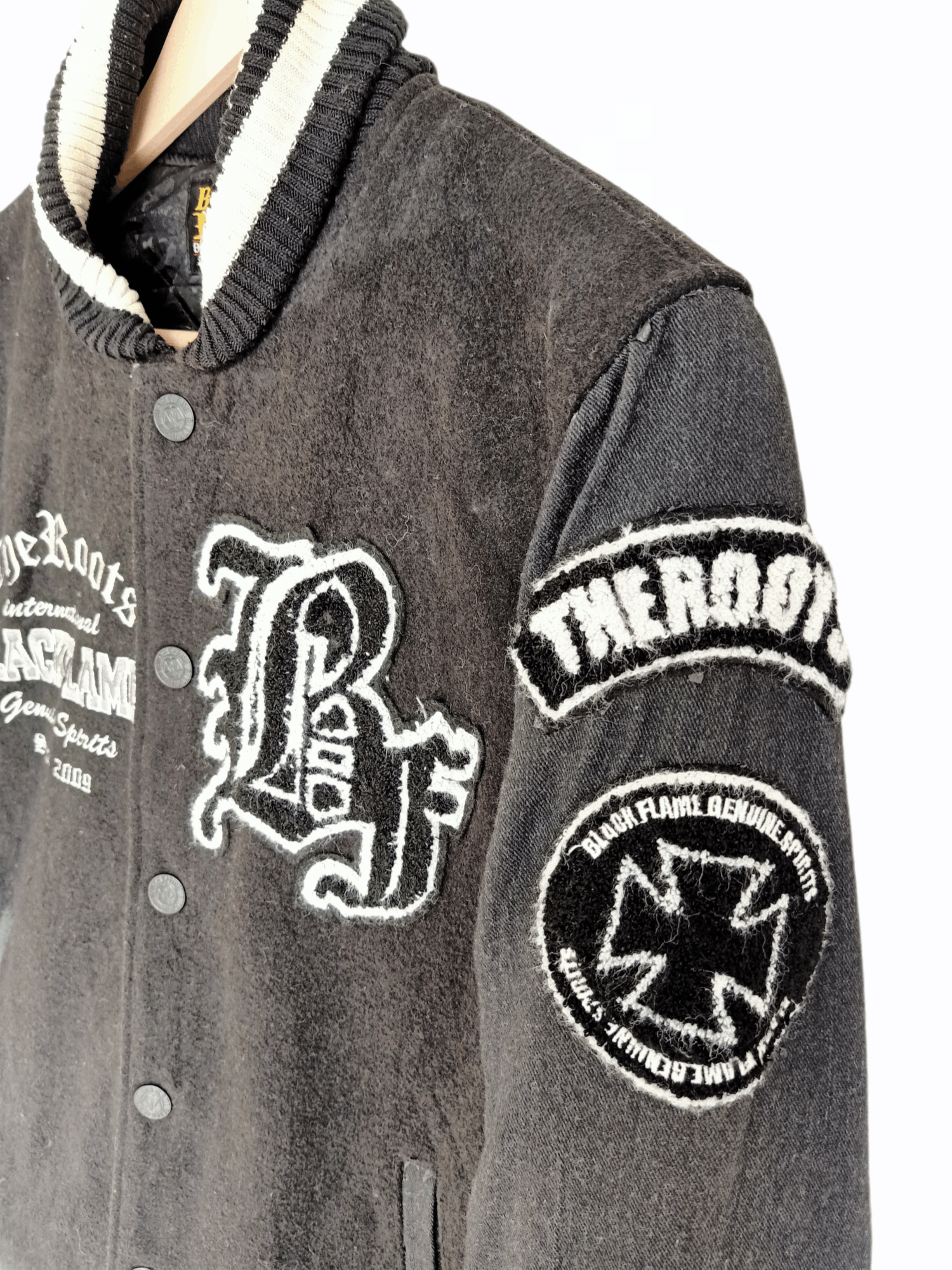 Roots × Vintage Black Flame Embroidery Varsity Jacket Size US S / EU 44-46 / 1 - 6 Thumbnail
