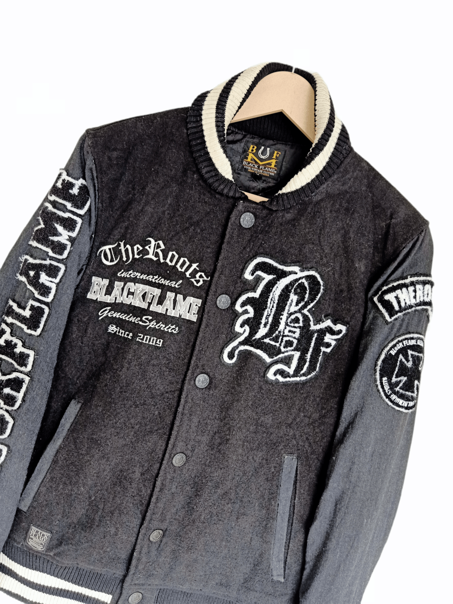 Roots × Vintage Black Flame Embroidery Varsity Jacket Size US S / EU 44-46 / 1 - 4 Thumbnail