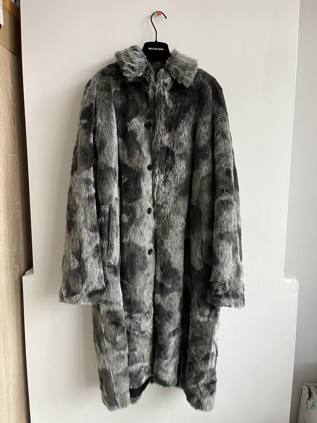 image of Balenciaga Oversized Faux Fur Opera Car Coat in Grey, Men's (Size Large)