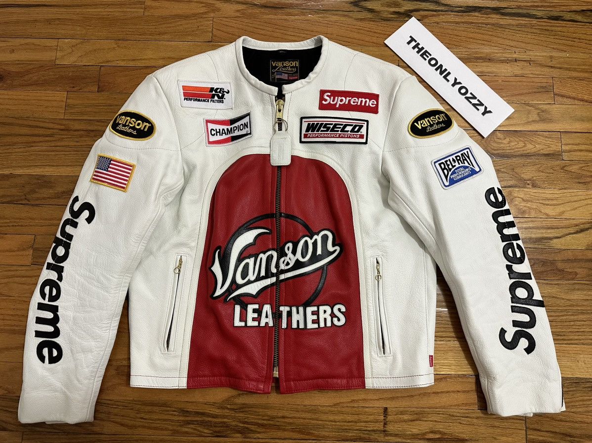 image of Vanson X Supreme Biker Leather Jacket White/red, Men's (Size Large)