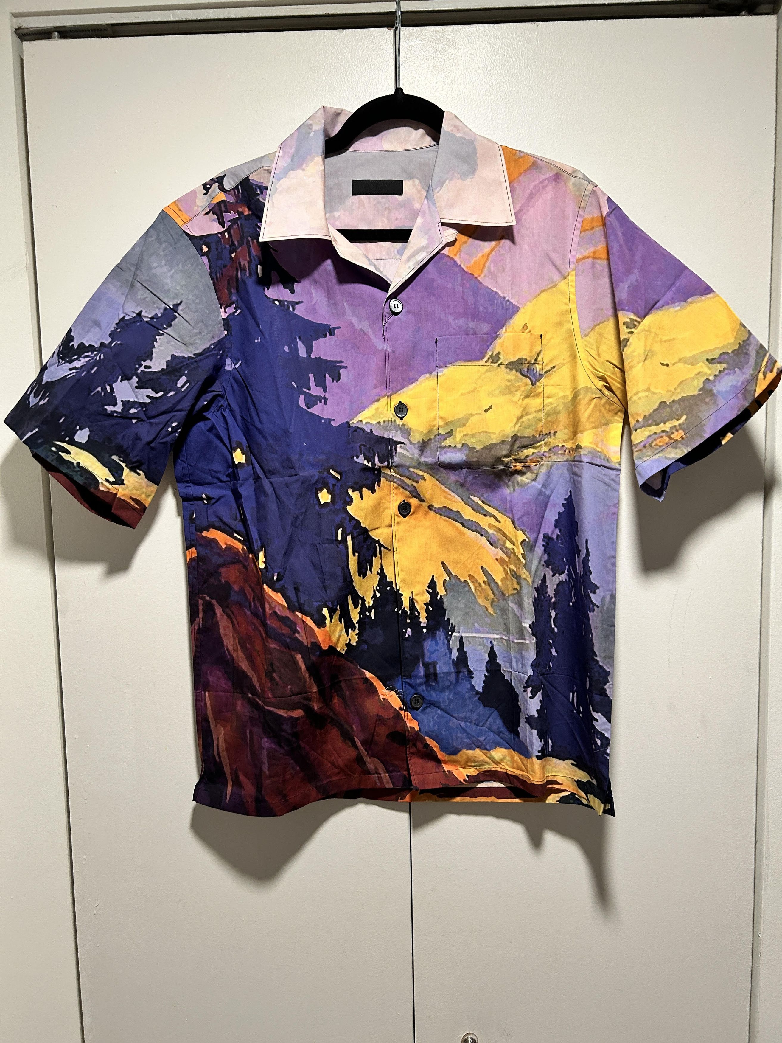 image of Prada Landscape Mountain Popline Collar Camp Bowling Abstract, Men's (Size Large)