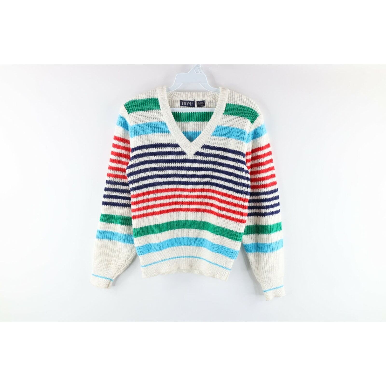 Vintage Vintage 70s Rockabilly Medium Rainbow Striped Knit Sweater Size M / US 6-8 / IT 42-44 - 1 Preview
