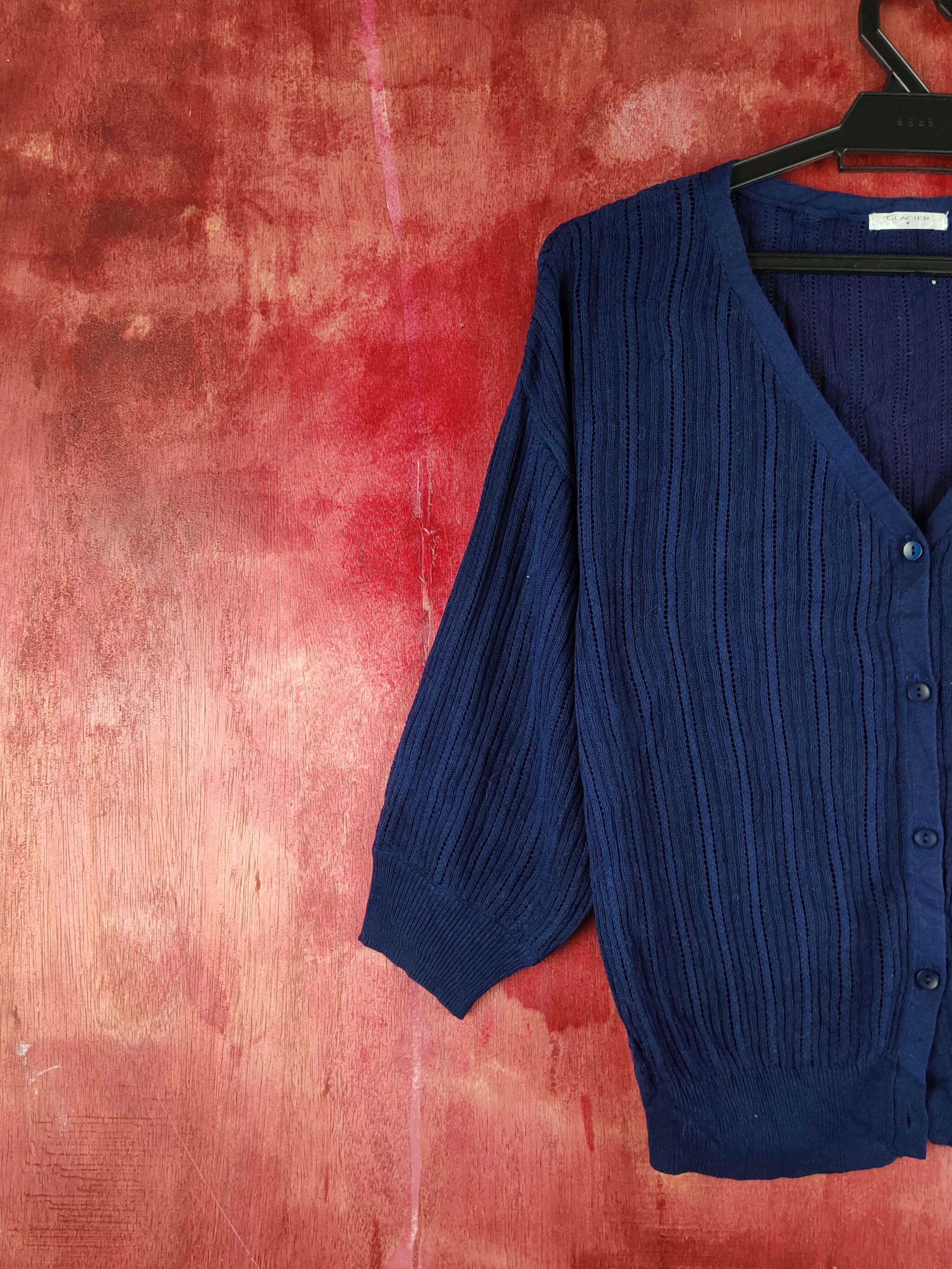 Japanese Brand Glacier Navy Crochet Meshnet Knitwear Cardigan #S1253 Size M / US 6-8 / IT 42-44 - 4 Thumbnail