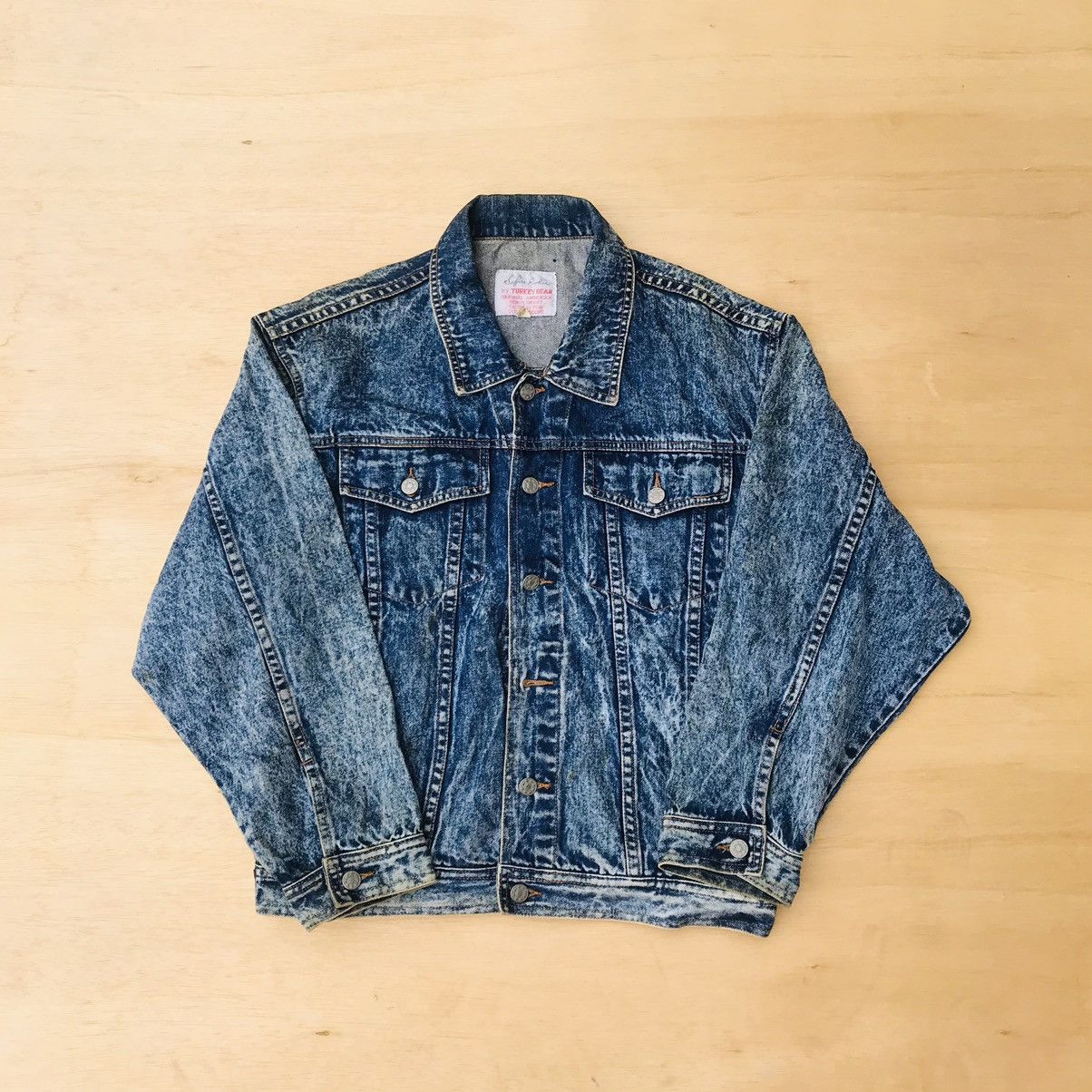 image of Biker Denim x Denim Jacket Vintage Trucker Turkey Bear Faded Acidwash Denim Jacket in Blue (Size Me