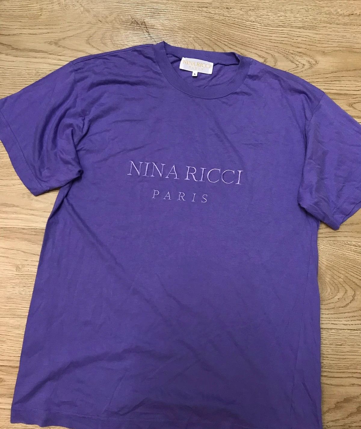 image of 90's Nina Ricci Italy Embroidery T-Shirt in Light Purple, Men's (Size Large)