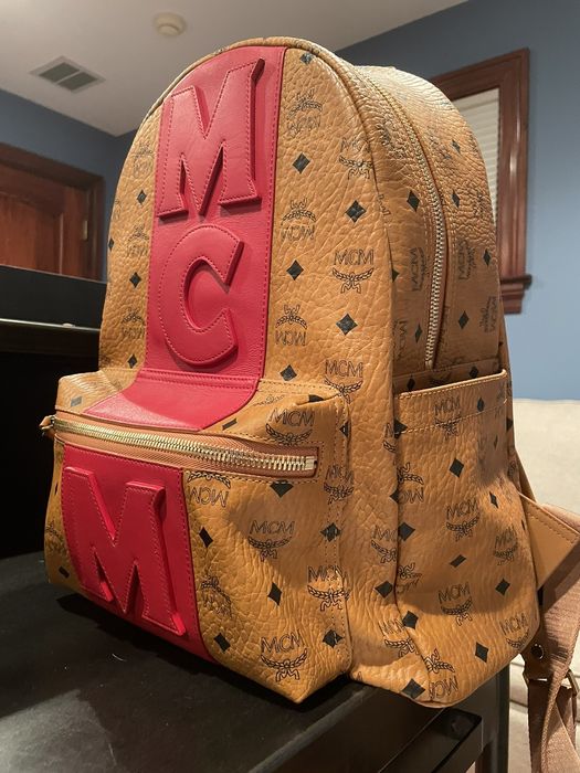 Mcm backpack best sale red stripe