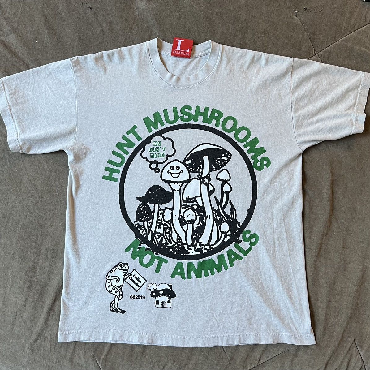 image of 2019 Online Ceramics “Hunt Mushrooms Not Animals” L T-Shirt in Beige, Men's (Size Large)