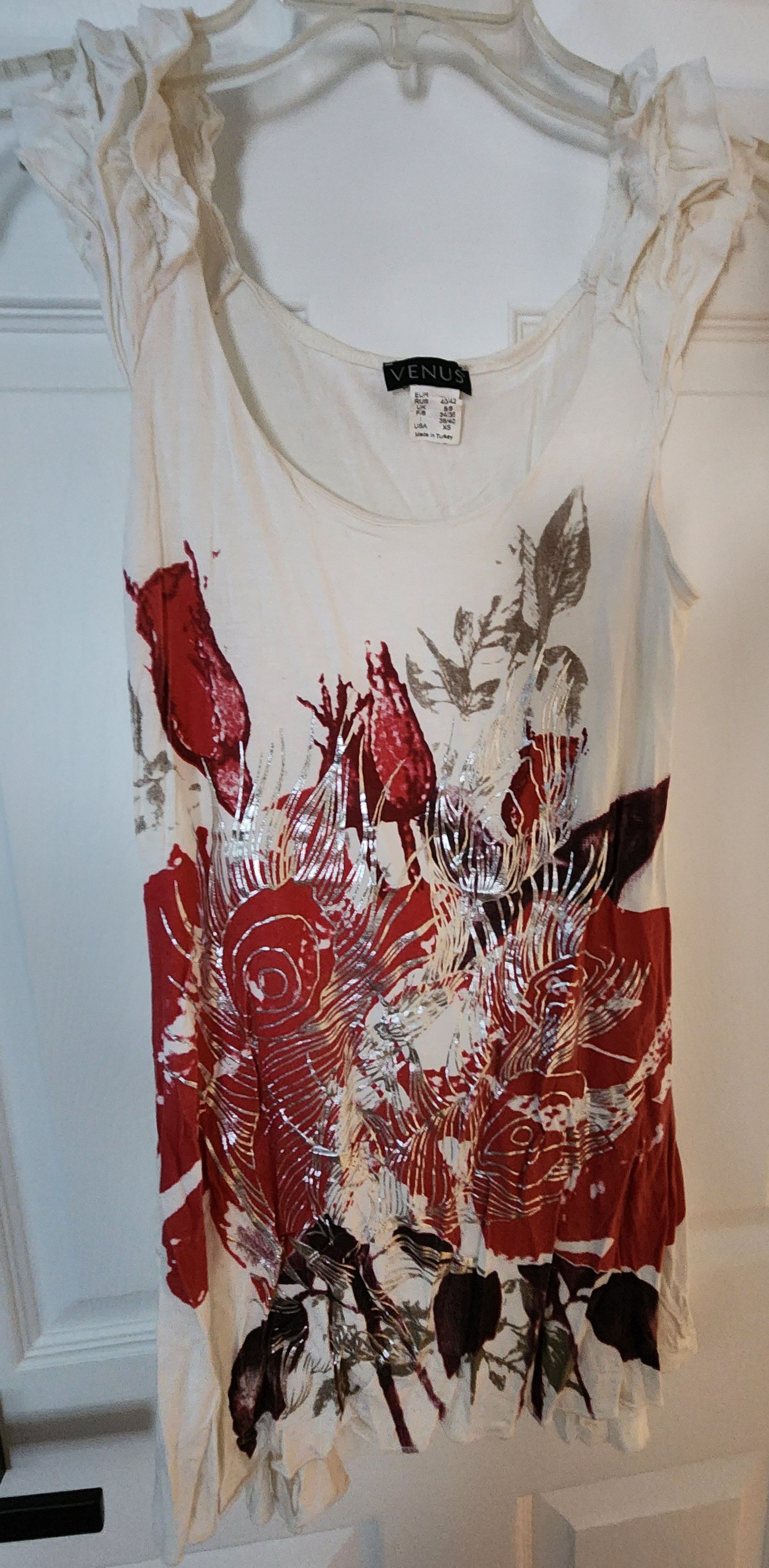 Other Venus White Red Silver Floral Ruffle Tank Top Tunic XS Size XS / US 0-2 / IT 36-38 - 1 Thumbnail