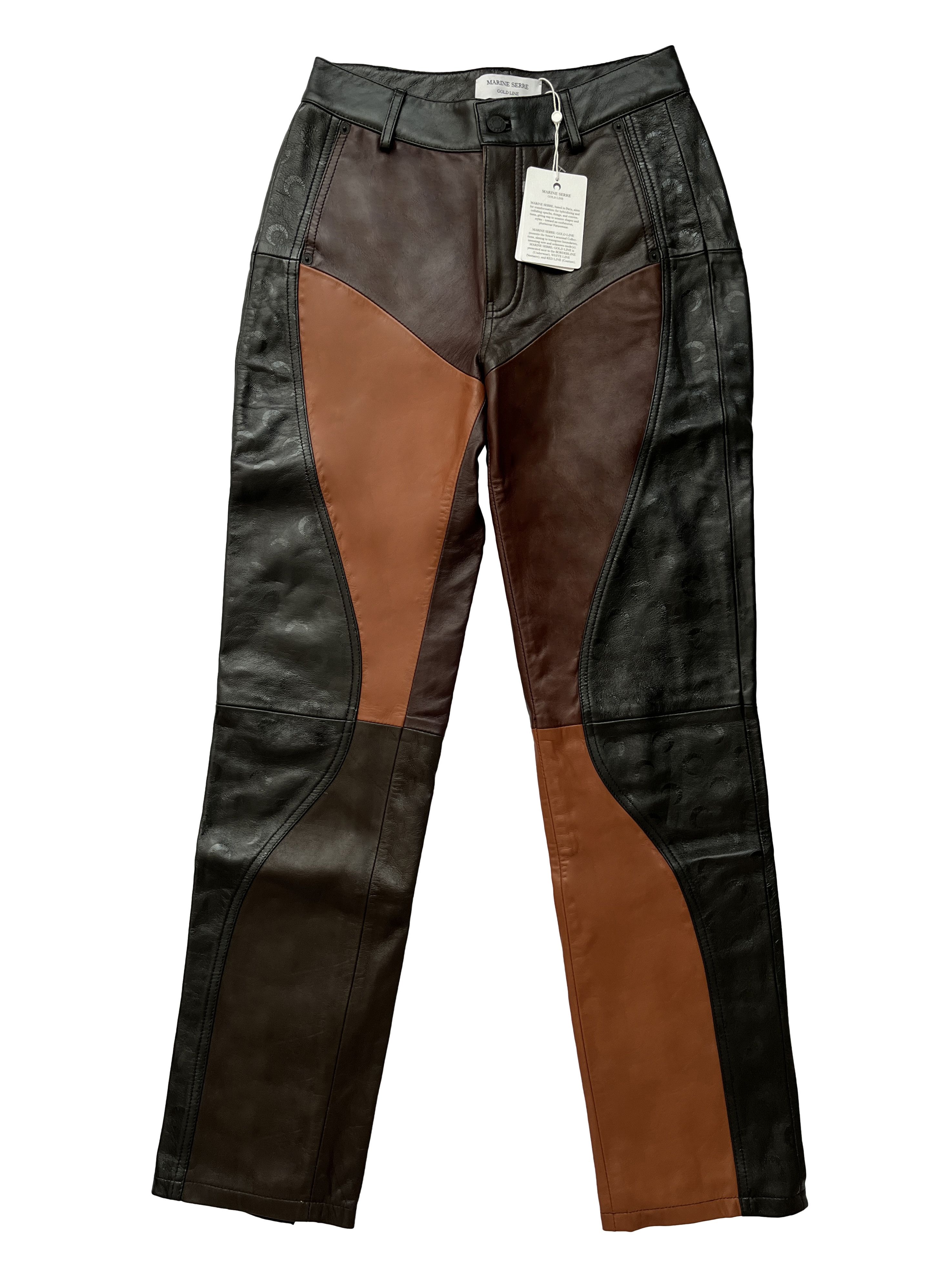 image of fw21 Marine Serre Leather Patchwork Pants in Brown/Tan/Black, Women's (Size 26)
