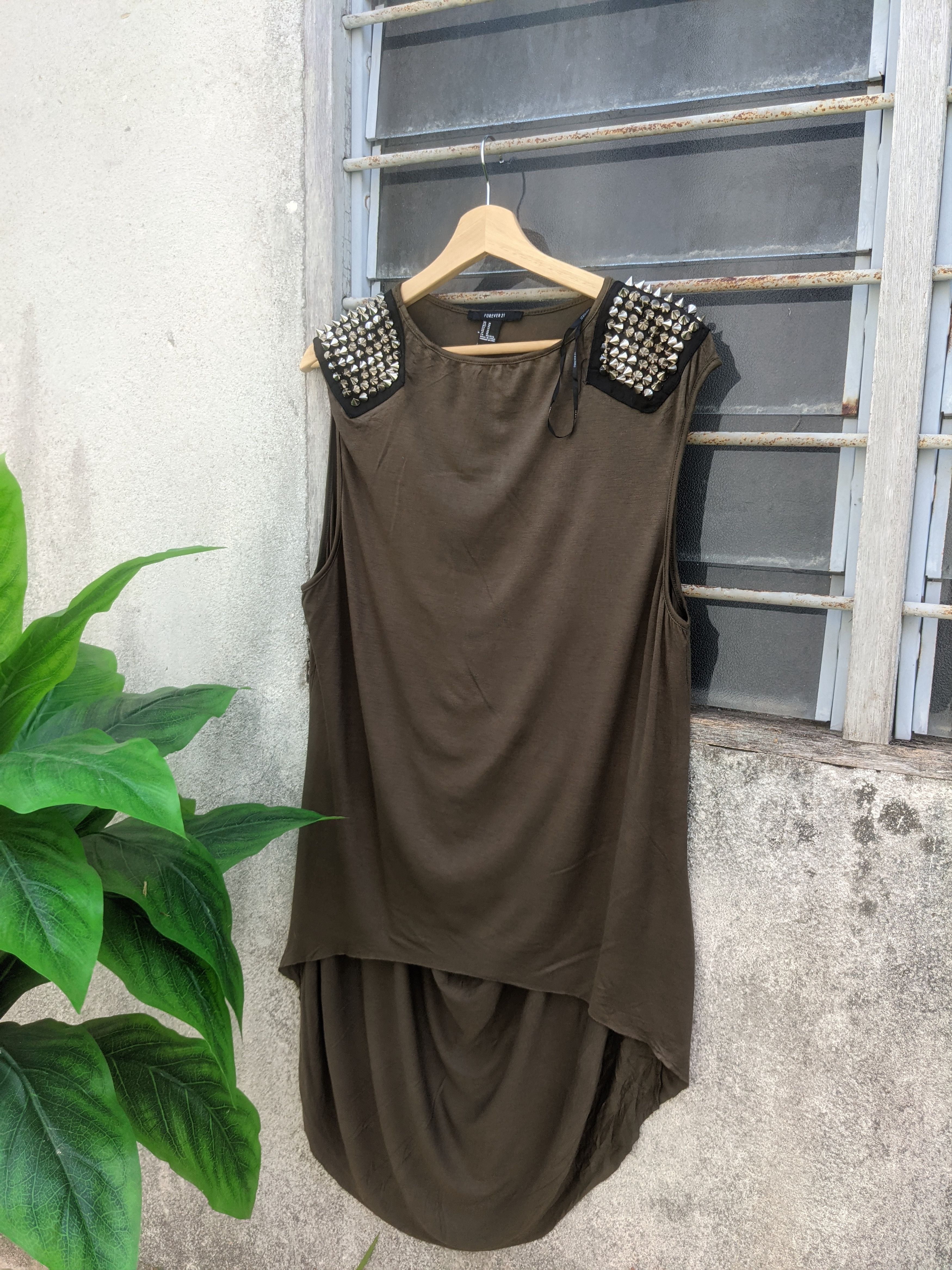 image of Forever 21 Tank Top Shoulder Spike Punk Style in Olive Green, Men's (Size Medium)